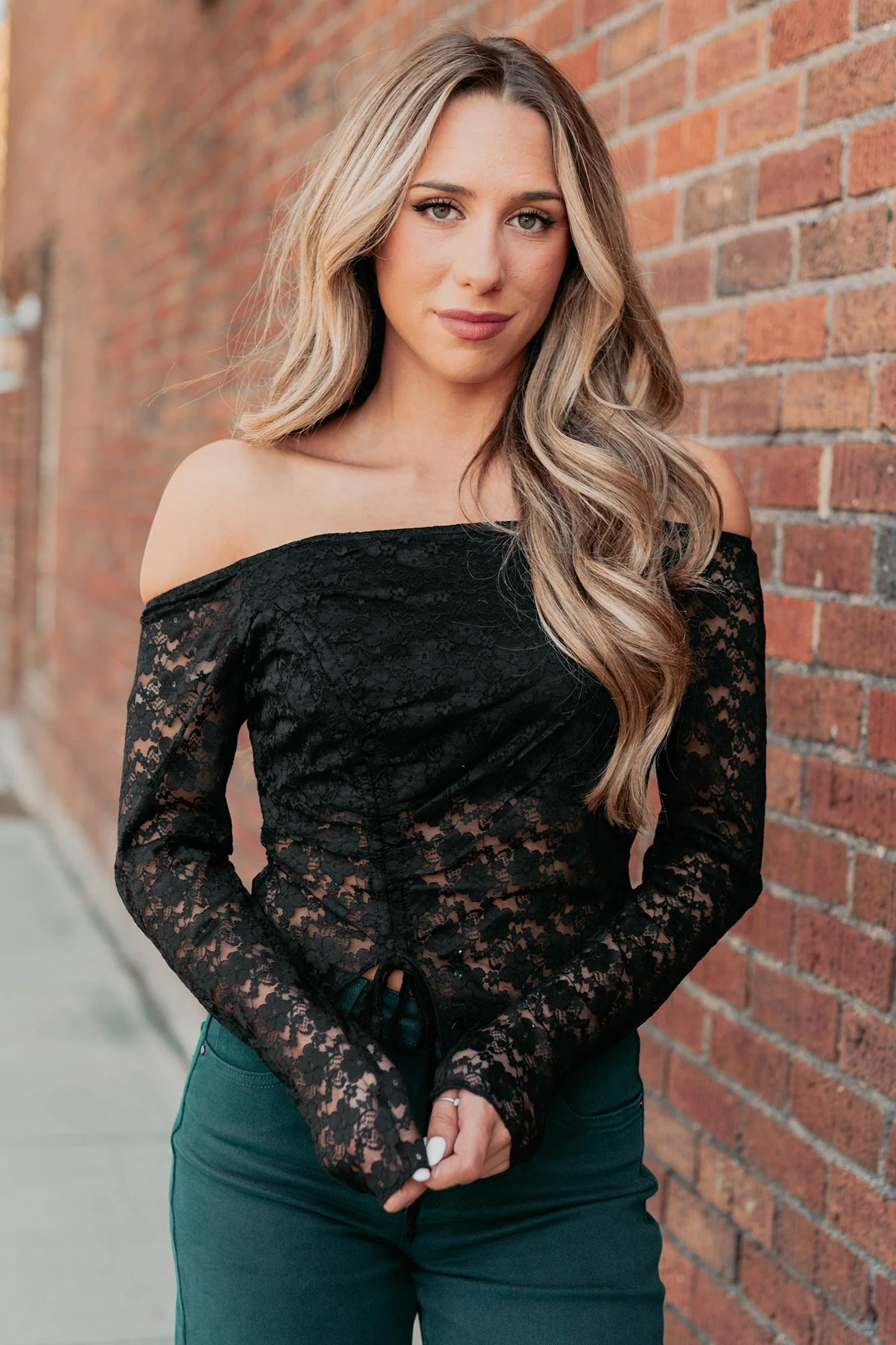Up To Standard Ruched Lace Asymmetric Top (Black) - Image 9