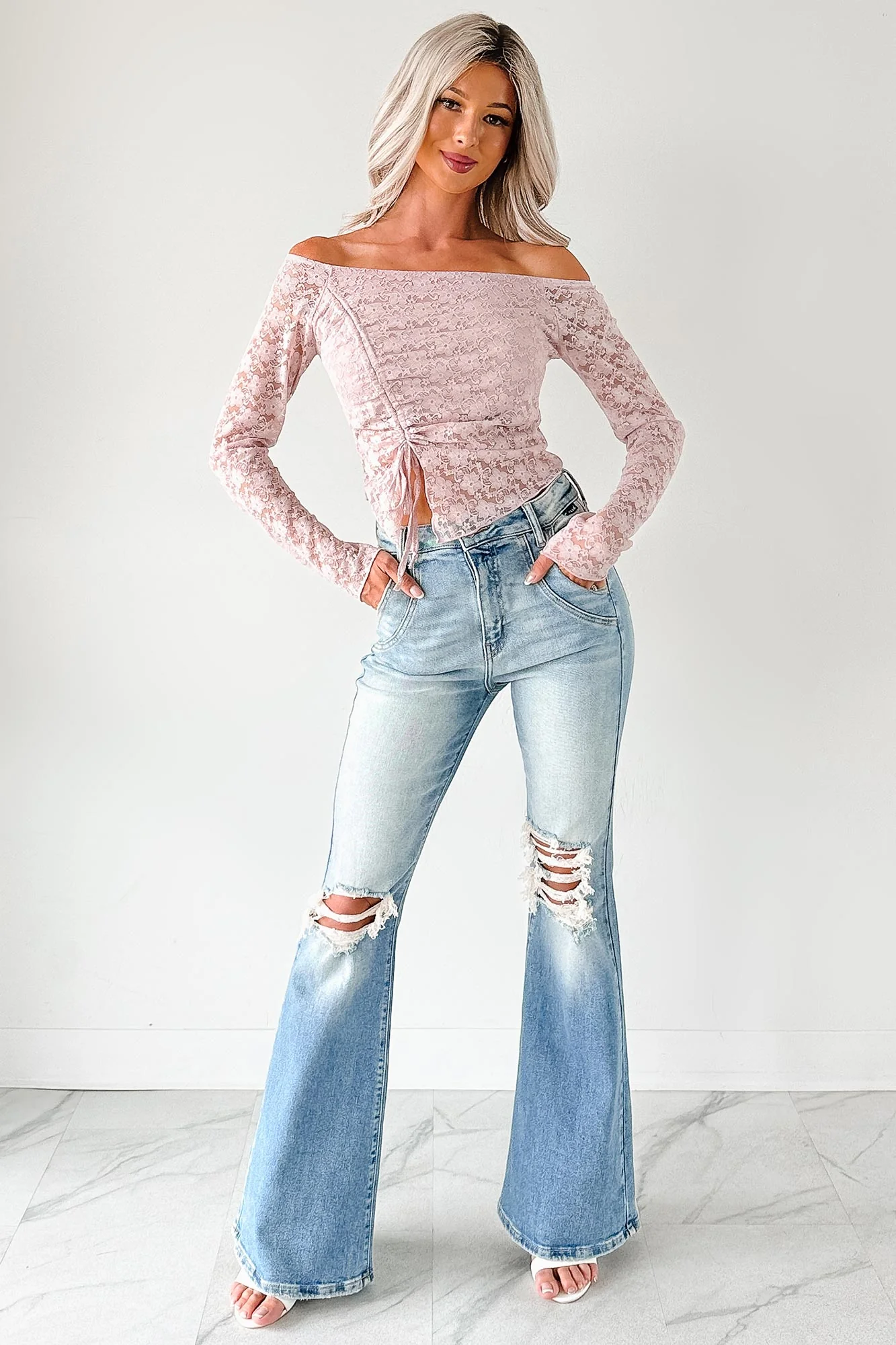 Up To Standard Ruched Lace Asymmetric Top (Blush) - Image 2
