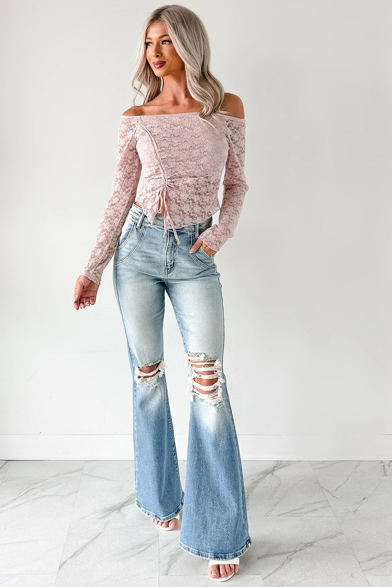 Up To Standard Ruched Lace Asymmetric Top (Blush) - Image 5