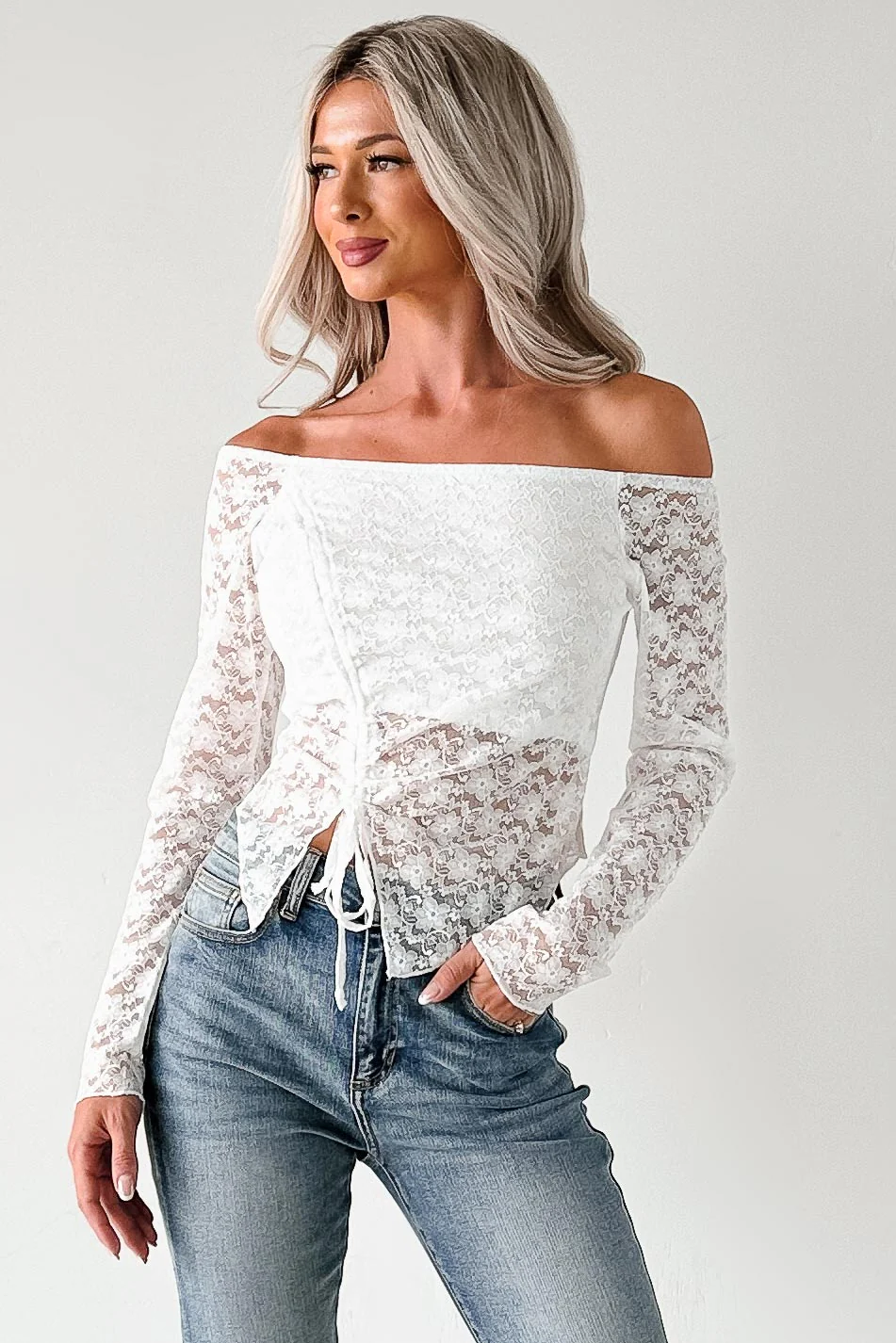 Up To Standard Ruched Lace Asymmetric Top (Ivory) - Image 3