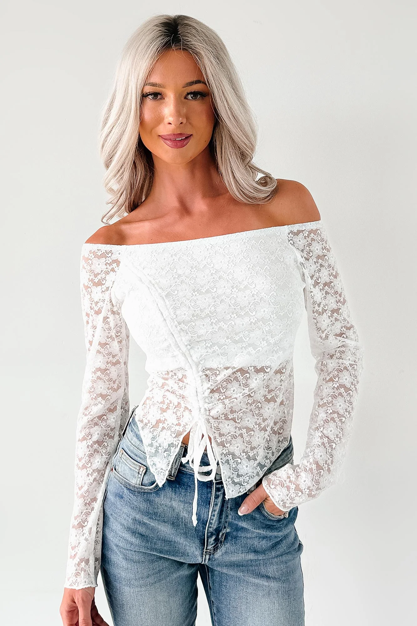 Up To Standard Ruched Lace Asymmetric Top (Ivory) - Image 7