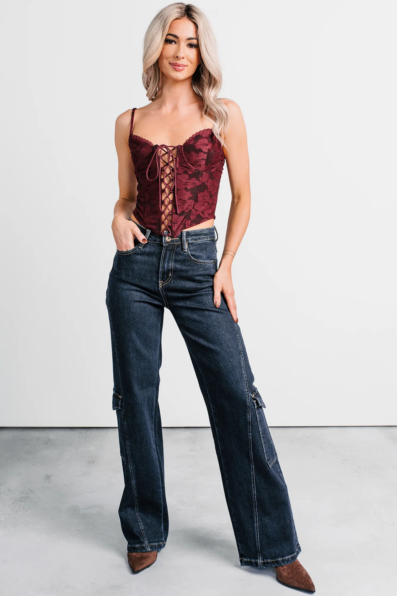 Urban Darling Floral Corset Crop Top (Burgundy) - Image 5