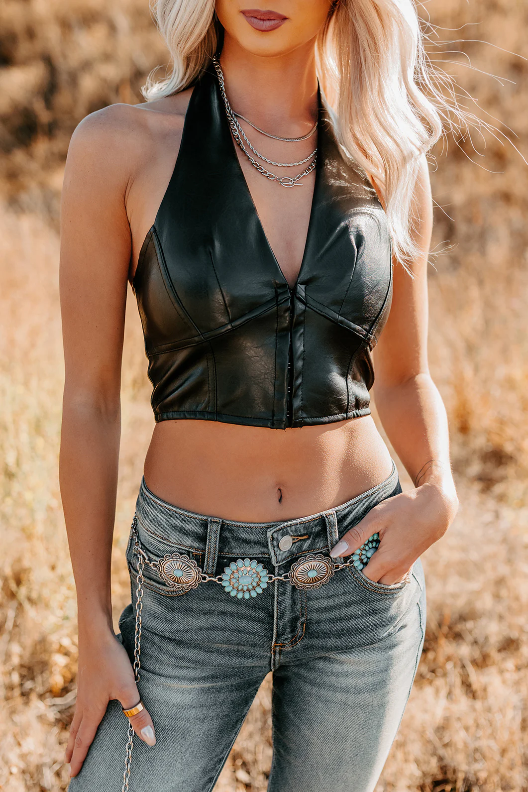 Urban Glow Faux Leather Halter Crop Top (Black) - Image 3