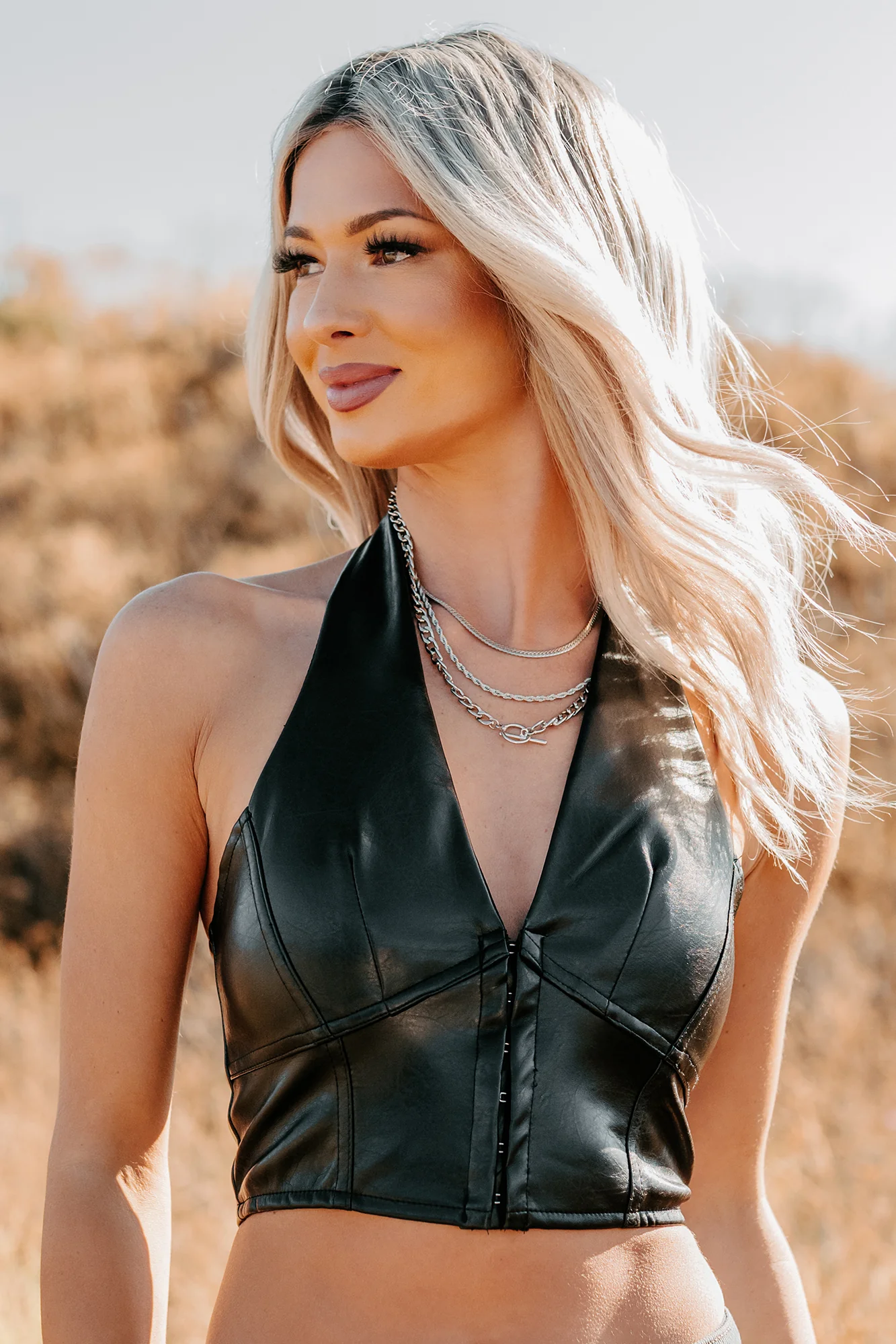 Urban Glow Faux Leather Halter Crop Top (Black) - Image 5