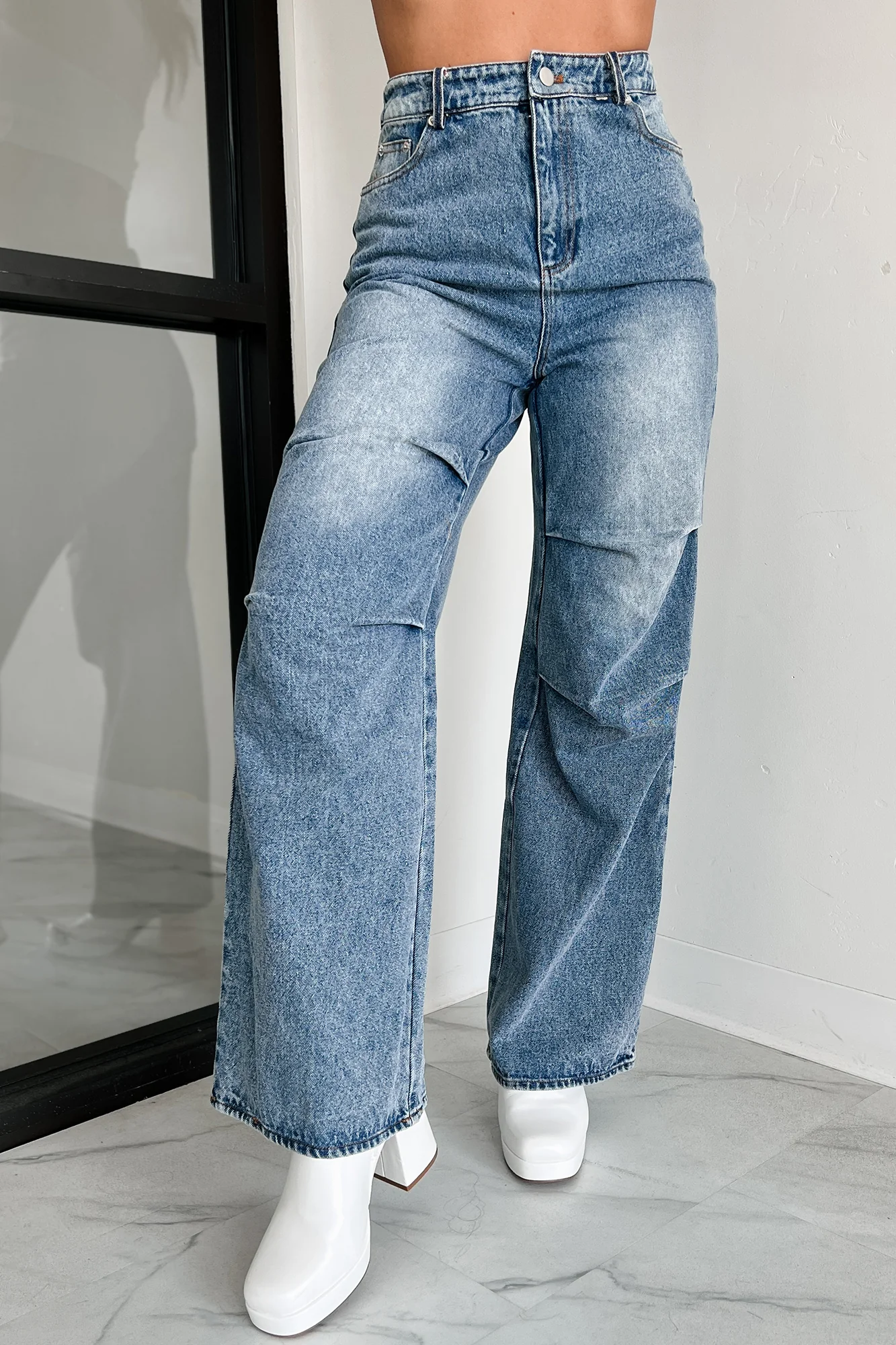 Urban Roots Knee Tuck Wide Leg Jeans (Washed Denim) - Image 3