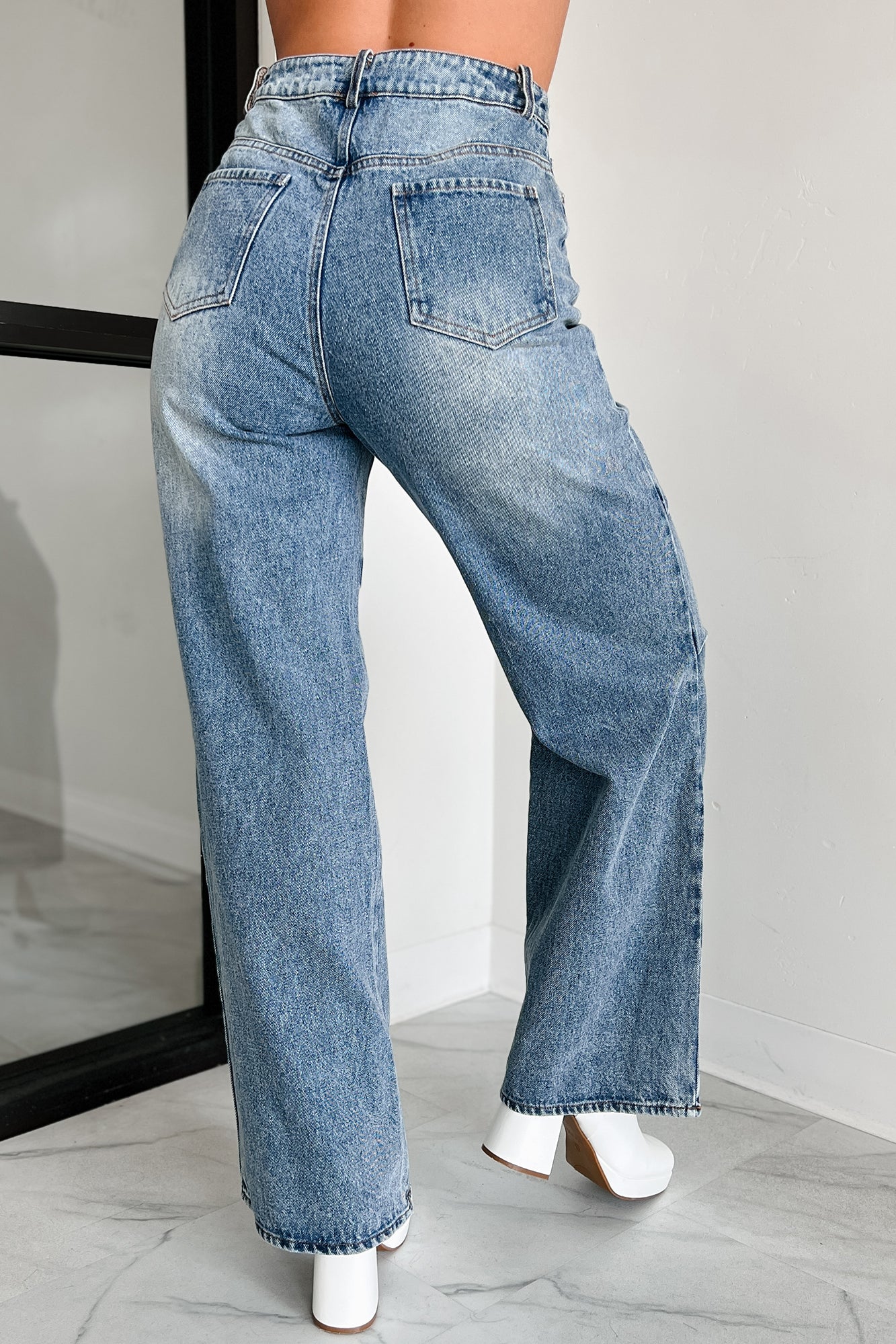 Urban Roots Knee Tuck Wide Leg Jeans (Washed Denim) - Image 5