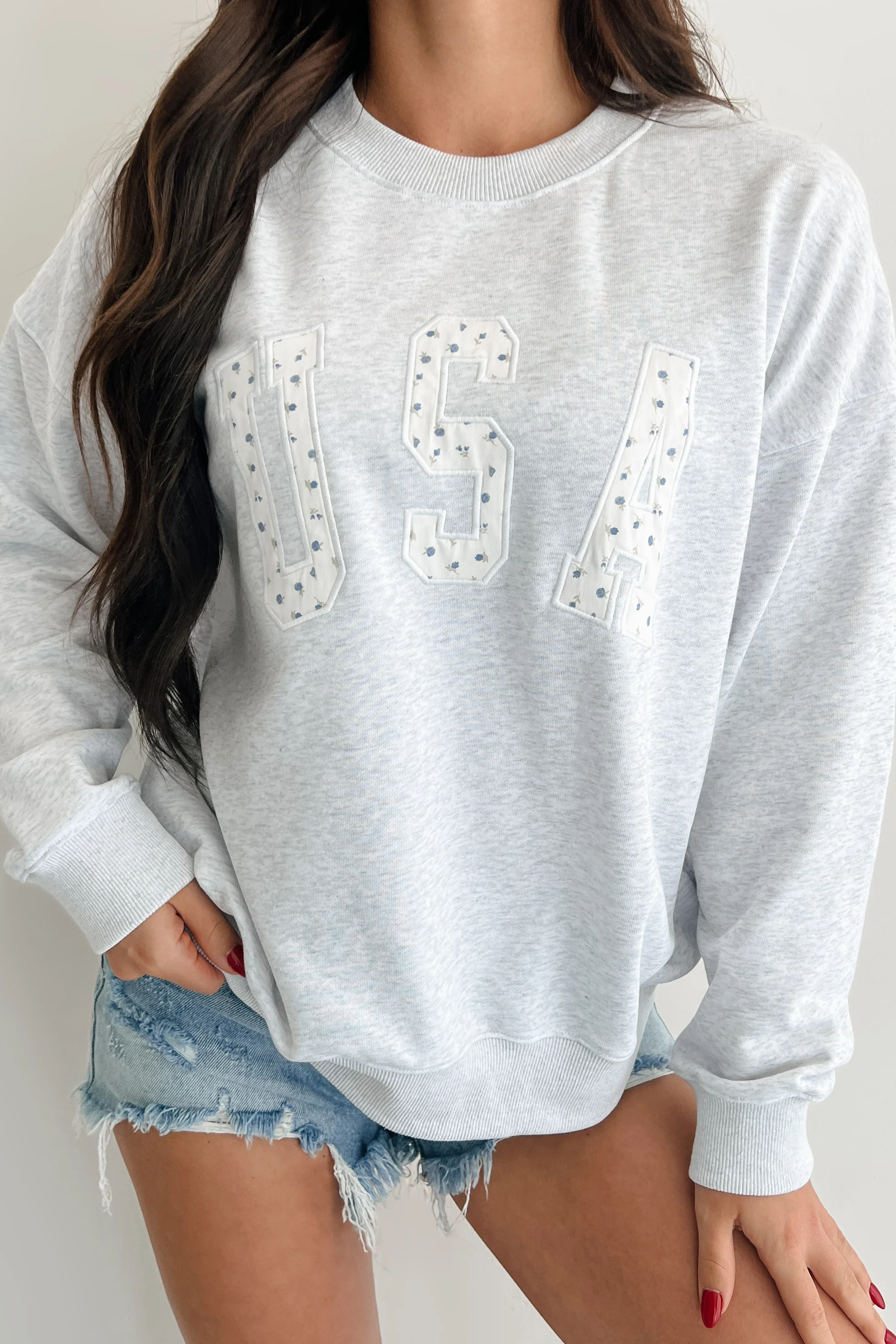 "USA" Floral Embroidered Sweatshirt (Light Grey) - Image 6