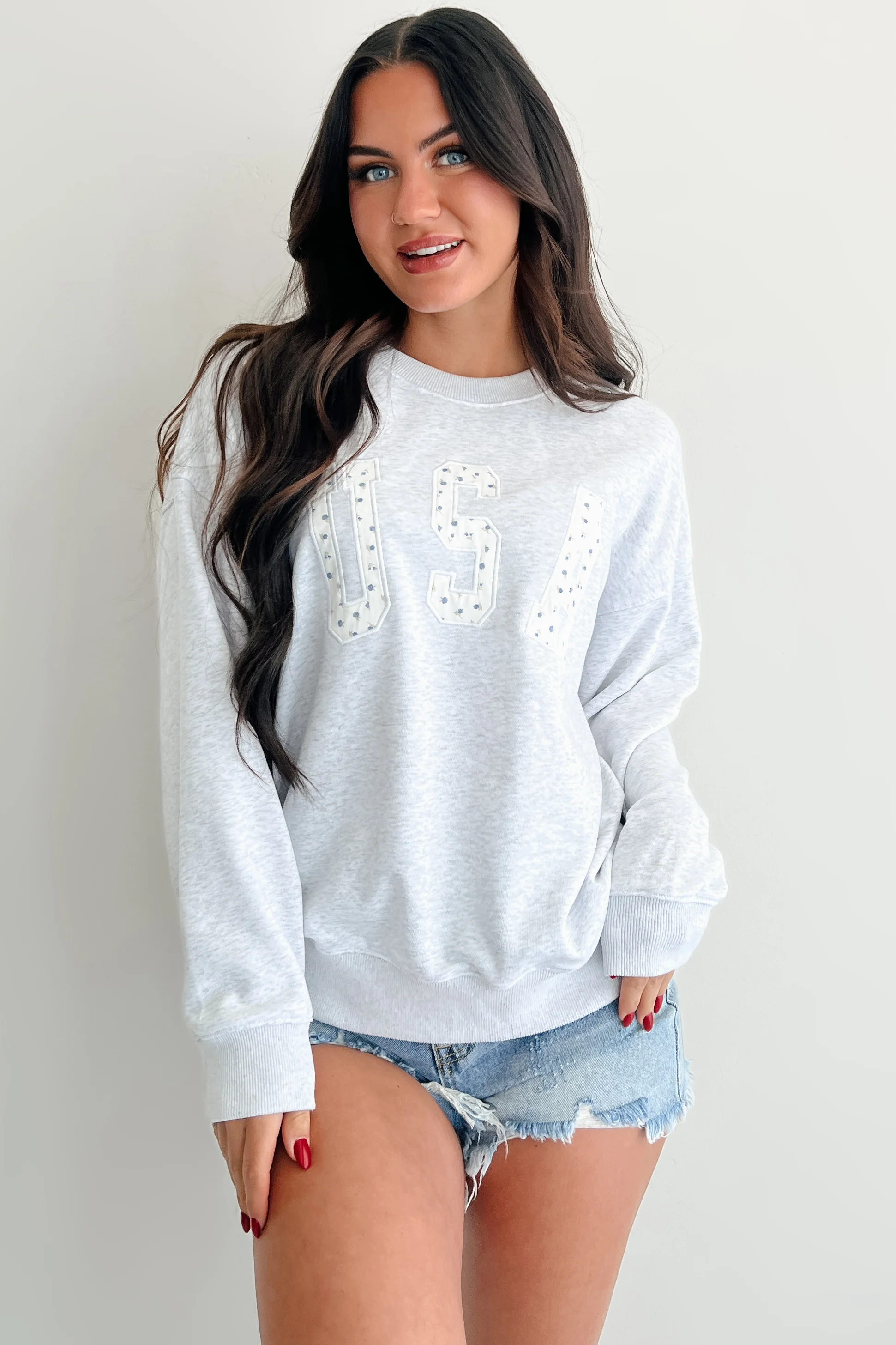 "USA" Floral Embroidered Sweatshirt (Light Grey) - Image 7