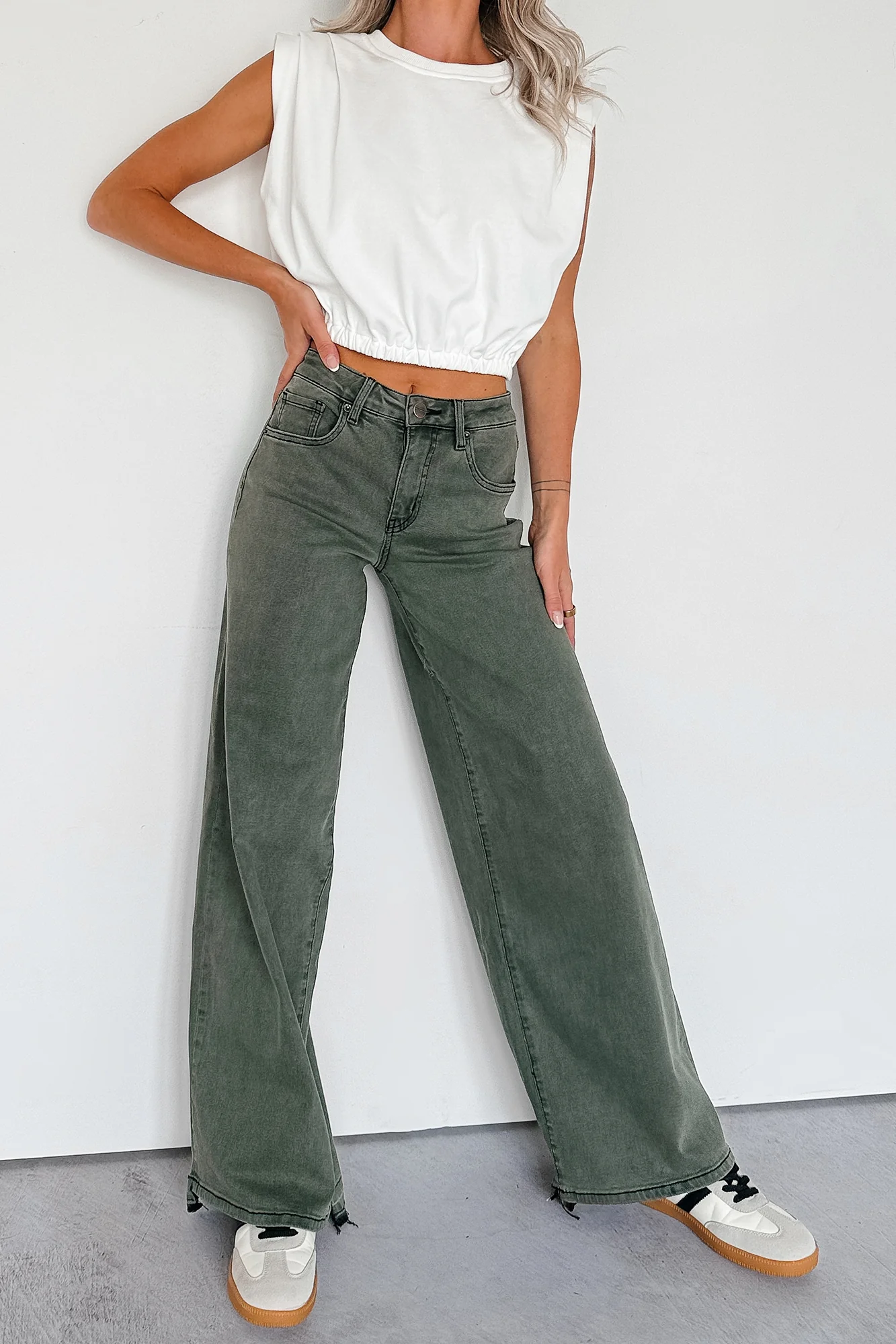 Valencia High Rise Wide Leg Mica Denim Jeans (Dark Green) - Image 2