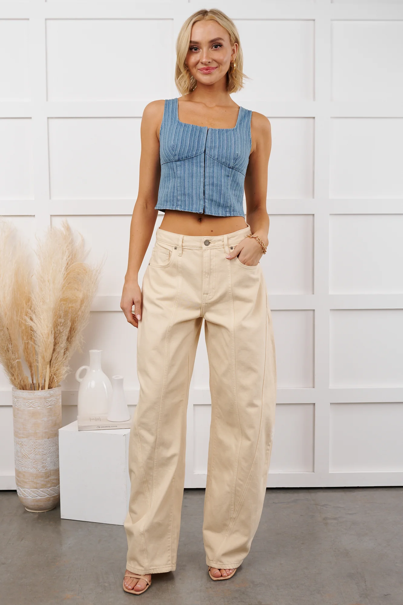 Ventura High Rise Barrel Hidden Jeans (Ecru) - Image 4