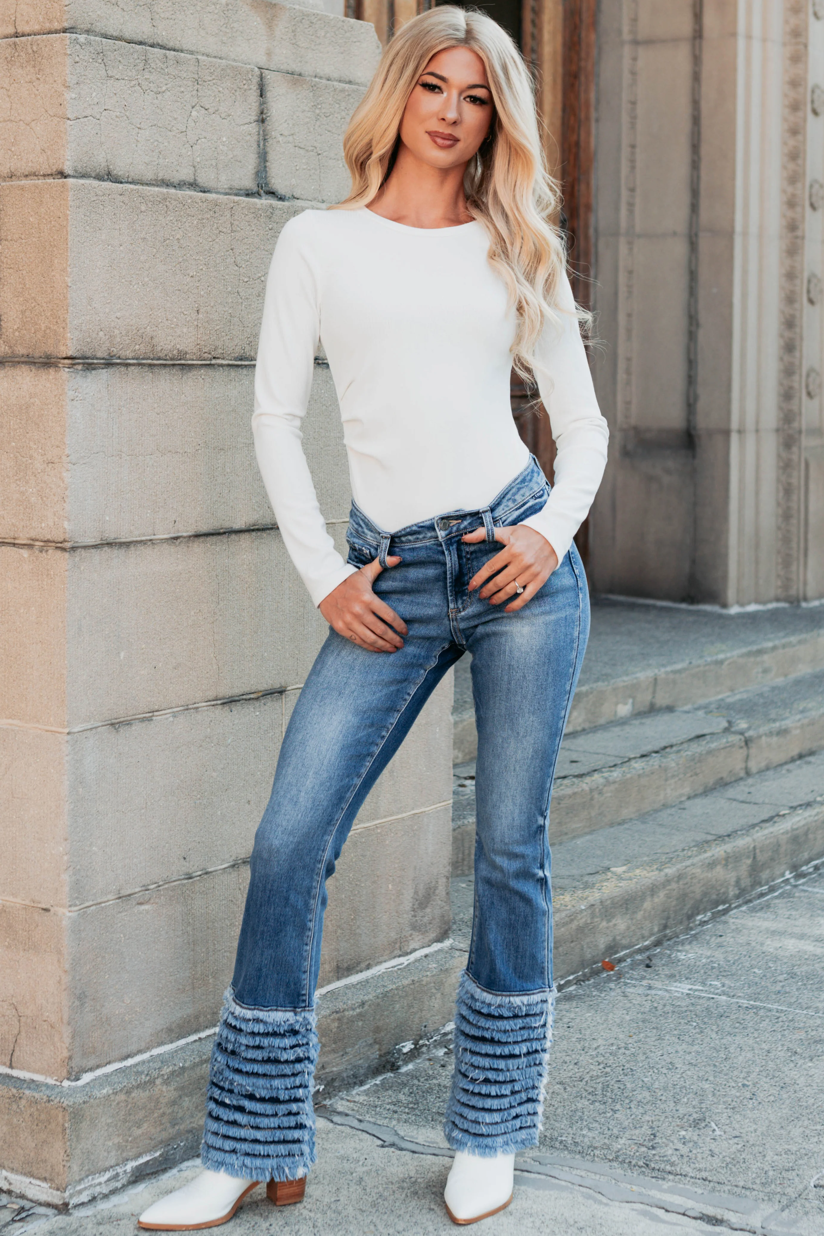 Vera Mid Rise Frayed Hem Cello Flare Jeans (Medium) - Image 20