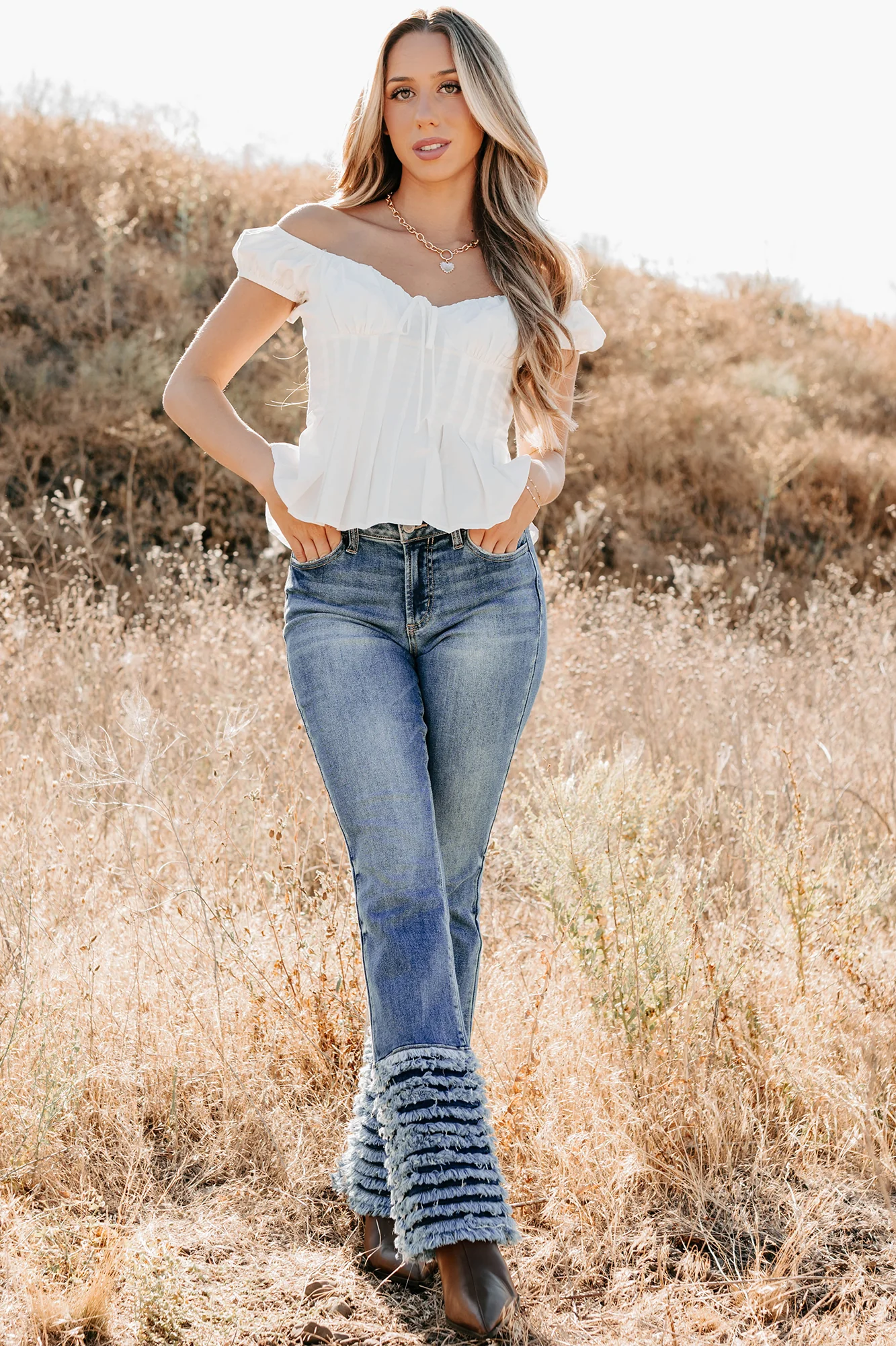 Vera Mid Rise Frayed Hem Cello Flare Jeans (Medium) - Image 6