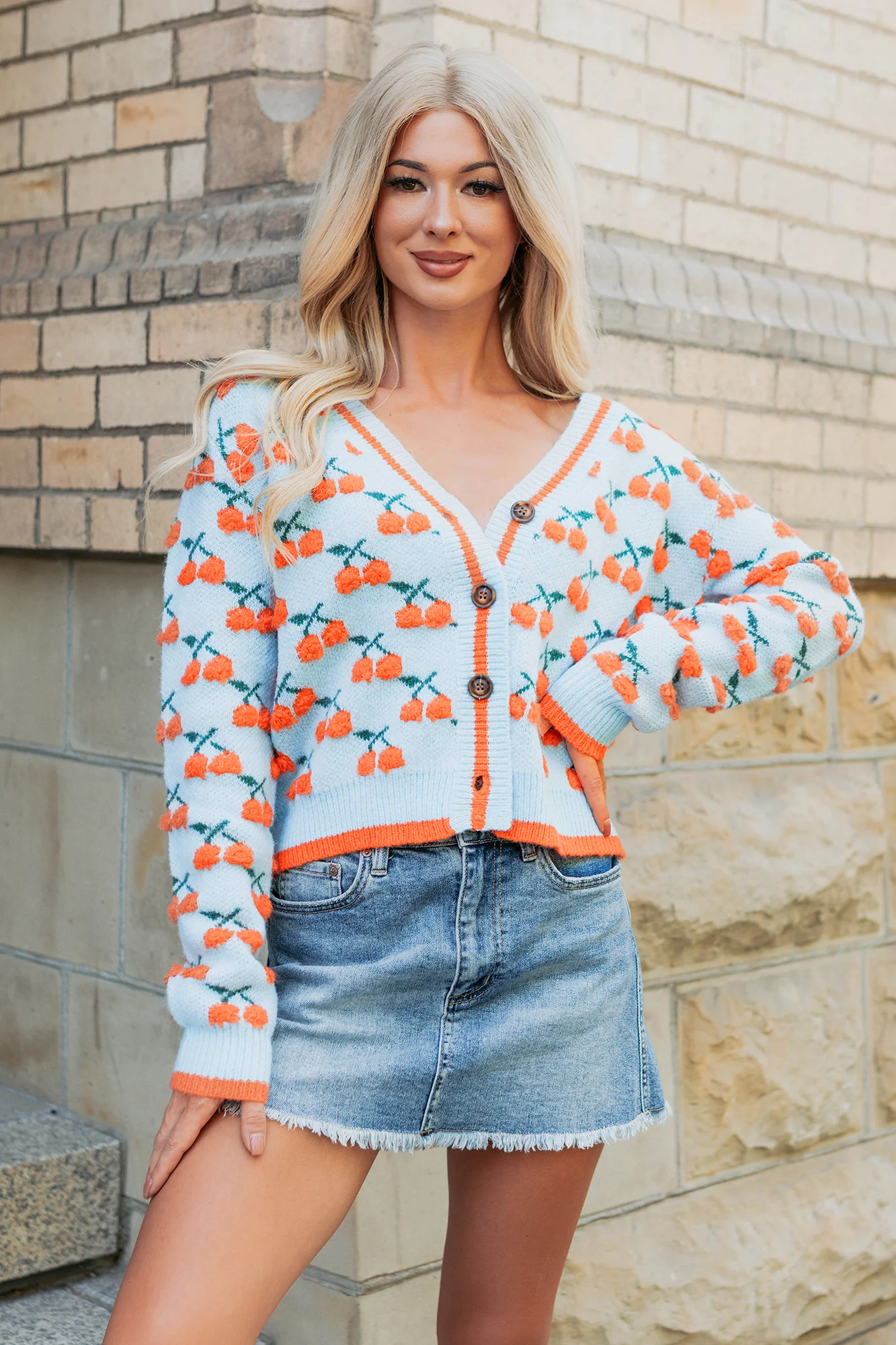 Vibrant Life Cherry Knit Cardigan (Light Blue/Orange) - Image 8