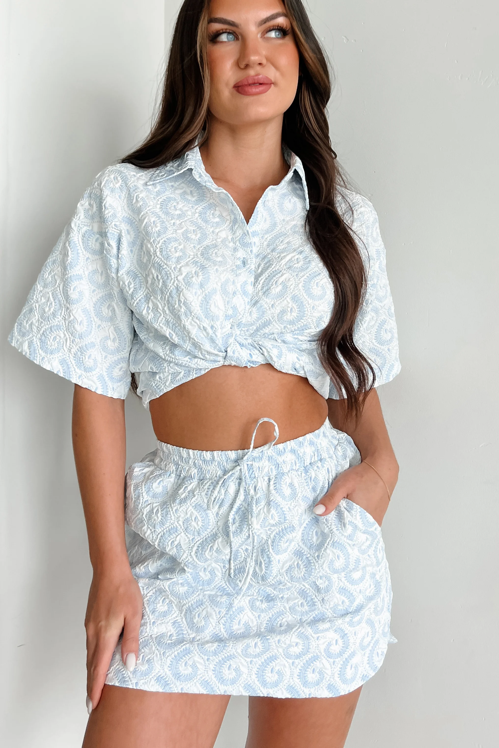 Vintage Vocabulary Paisley Print Two-Piece Set (White/Light Blue) - Image 5