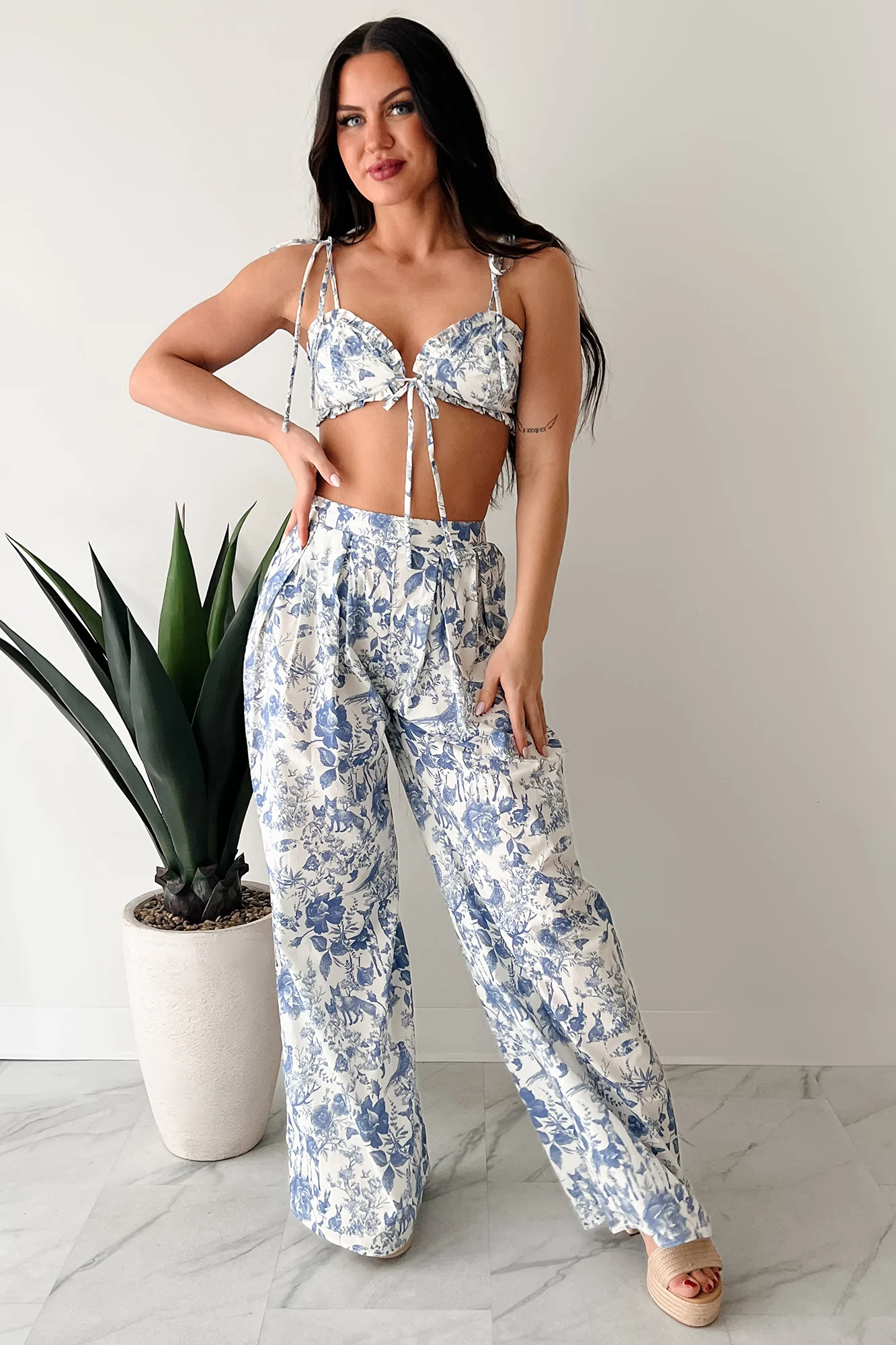 Vive La Vie Printed Crop Top & Pant Set (Blue) - Image 6