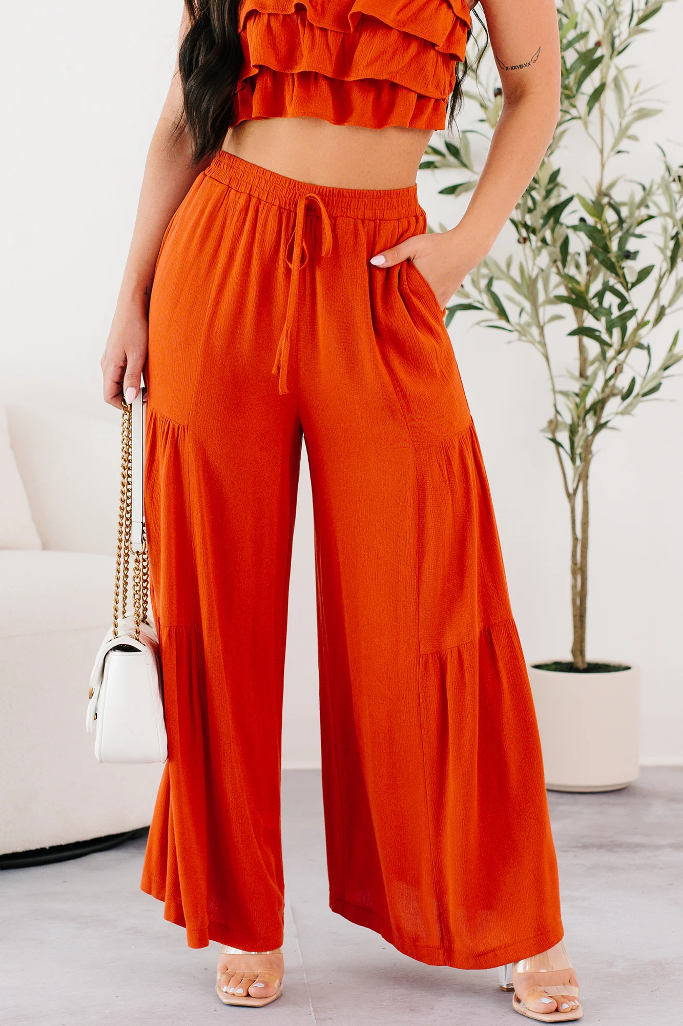Vivid Blooms Ruffled Tube Top & Pant Set (Rust) - Image 3