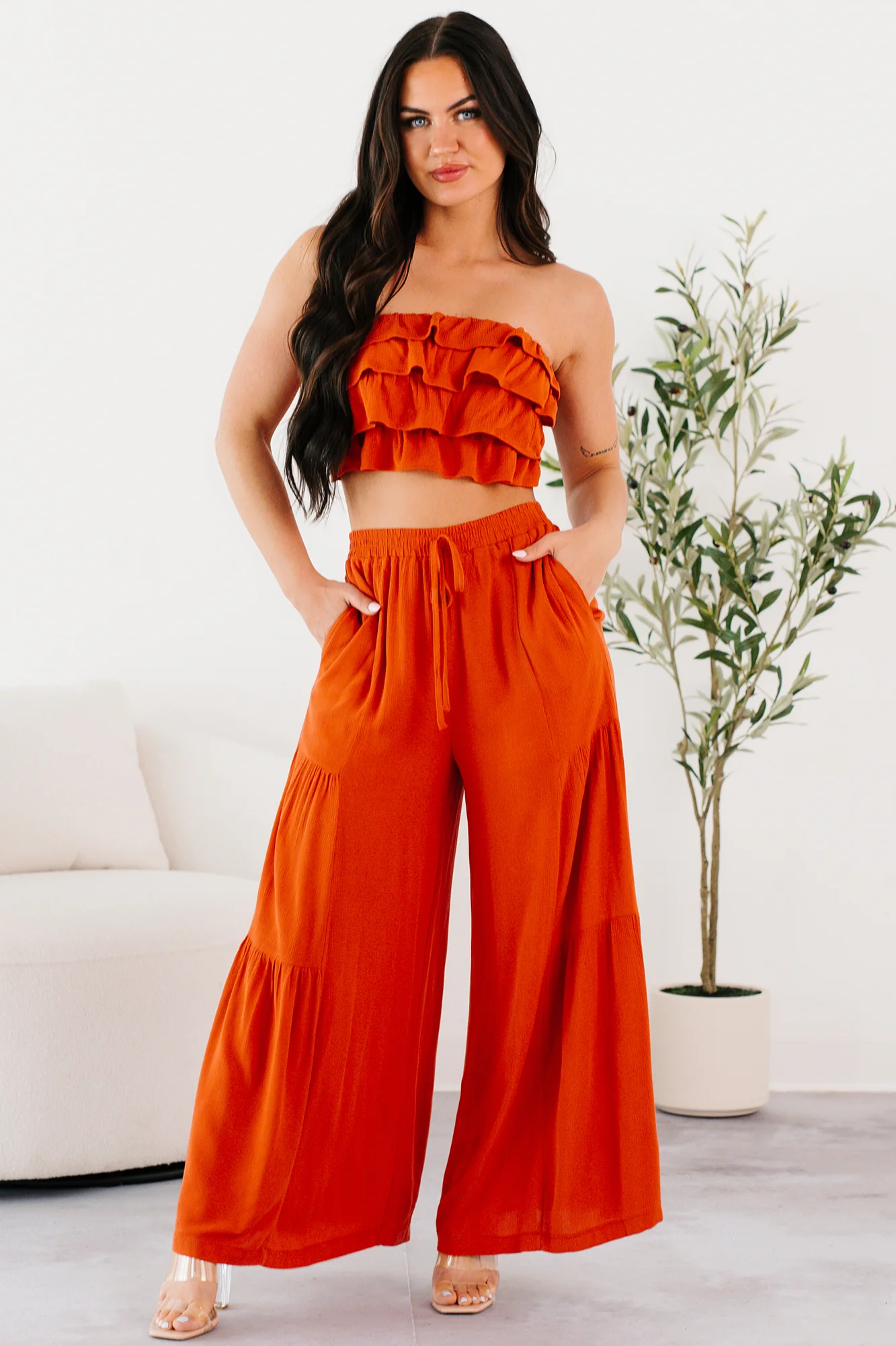 Vivid Blooms Ruffled Tube Top & Pant Set (Rust) - Image 4