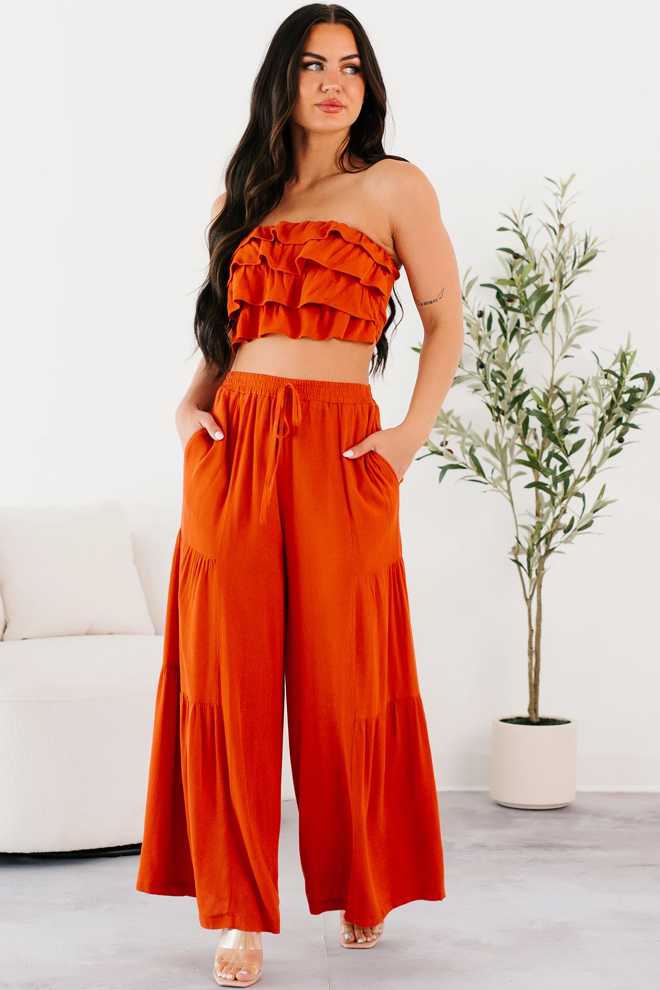 Vivid Blooms Ruffled Tube Top & Pant Set (Rust) - Image 5