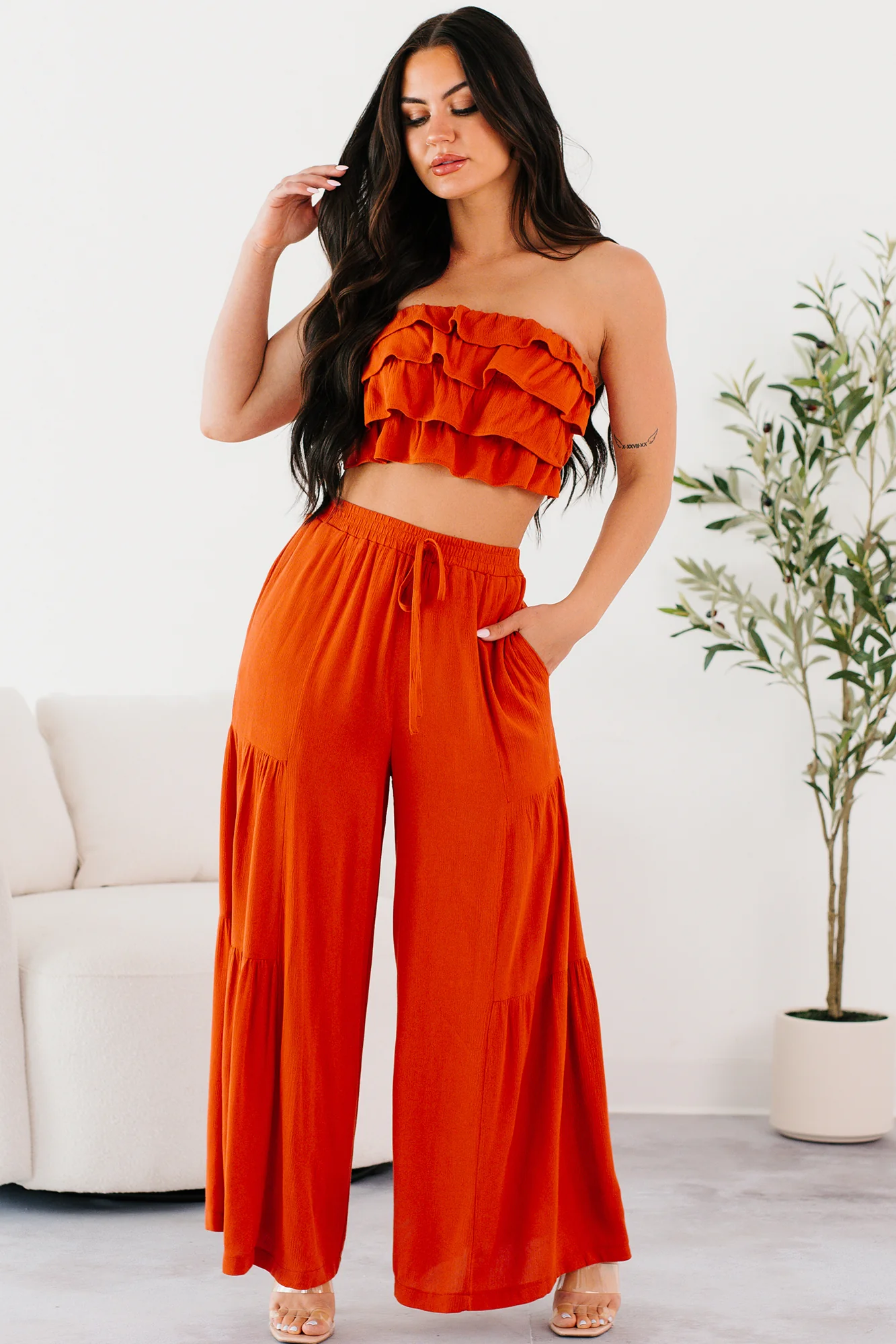 Vivid Blooms Ruffled Tube Top & Pant Set (Rust) - Image 6