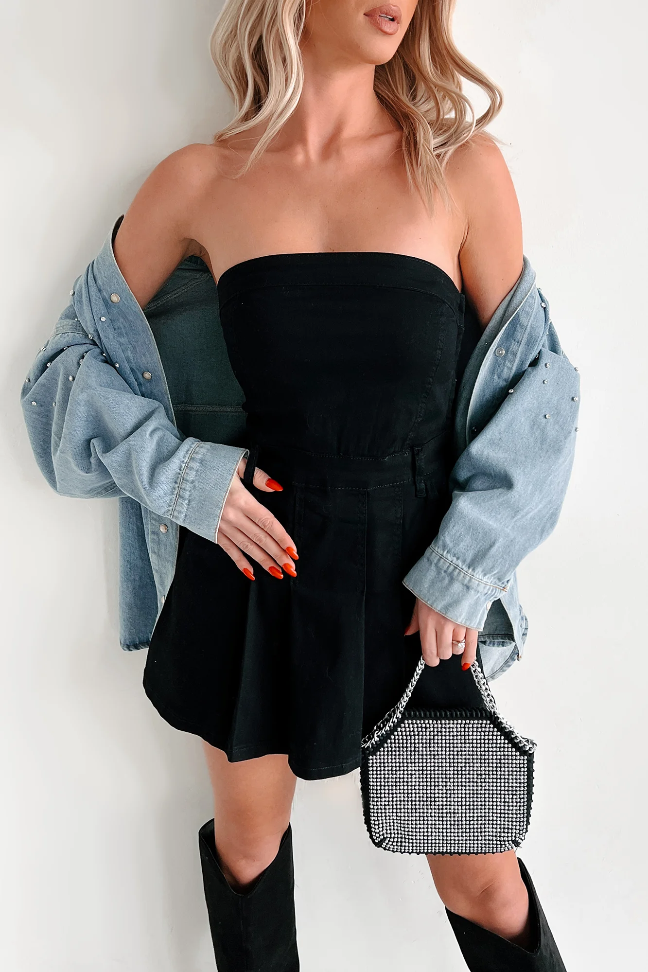 Vivid Dreams Shorts Lined Denim Mini Dress (Black) - Image 3
