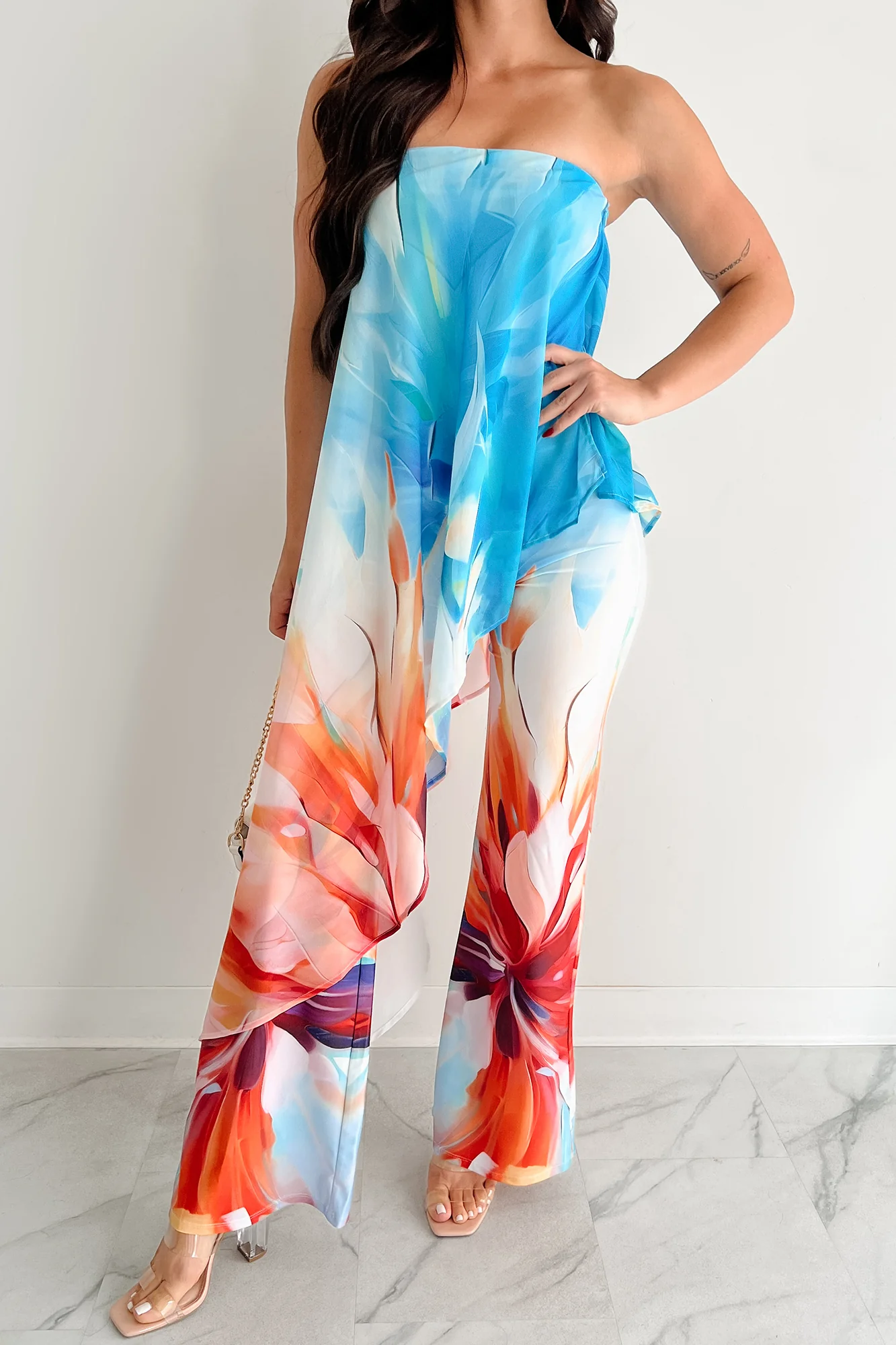 Wander Wildly Strapless Flowy Jumpsuit (Blue/Multi) - Image 3