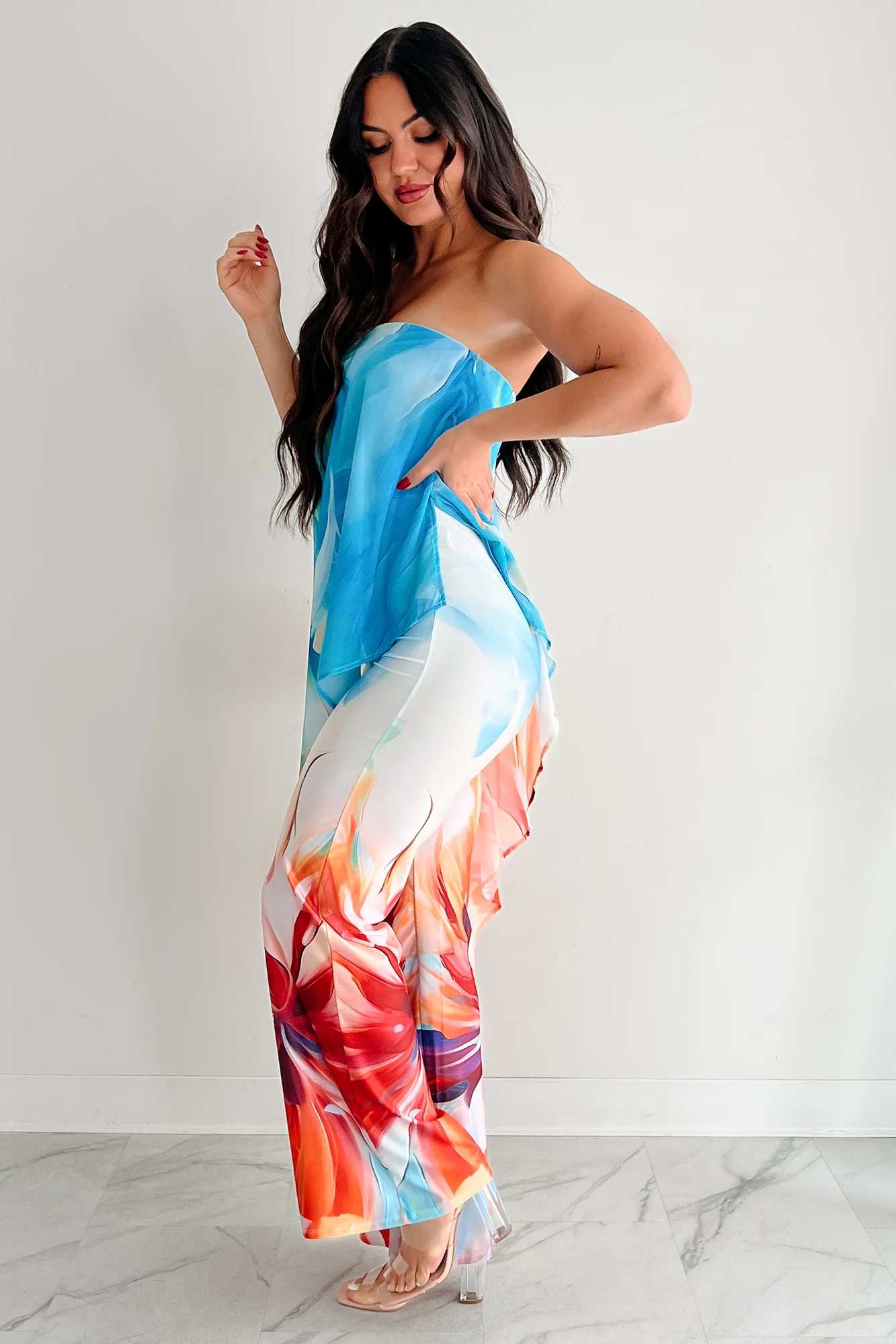 Wander Wildly Strapless Flowy Jumpsuit (Blue/Multi) - Image 4