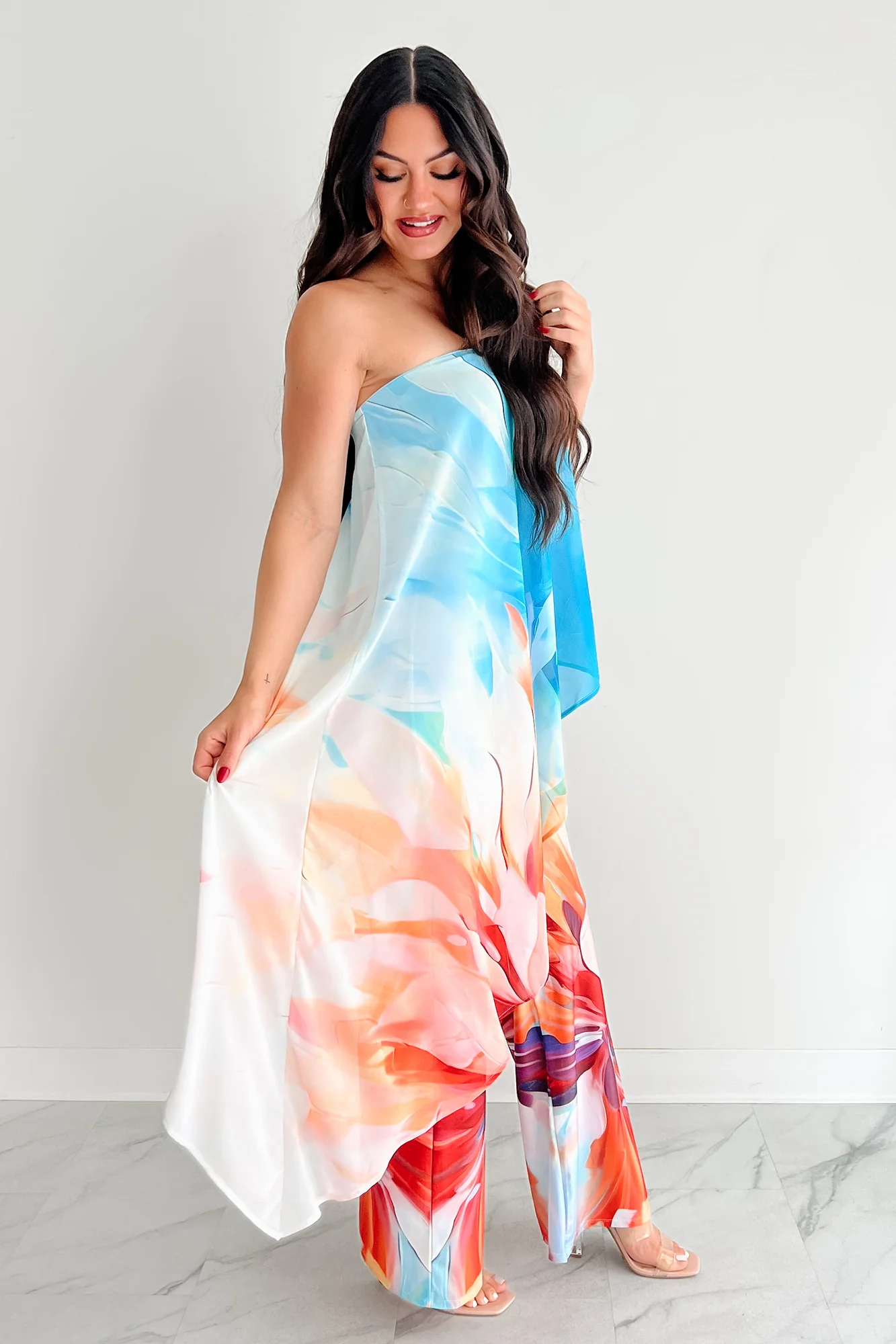 Wander Wildly Strapless Flowy Jumpsuit (Blue/Multi) - Image 5