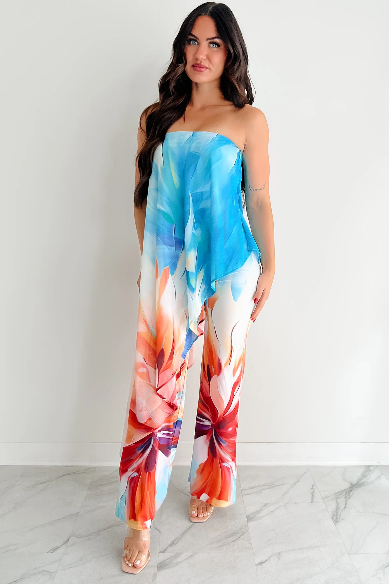 Wander Wildly Strapless Flowy Jumpsuit (Blue/Multi) - Image 9