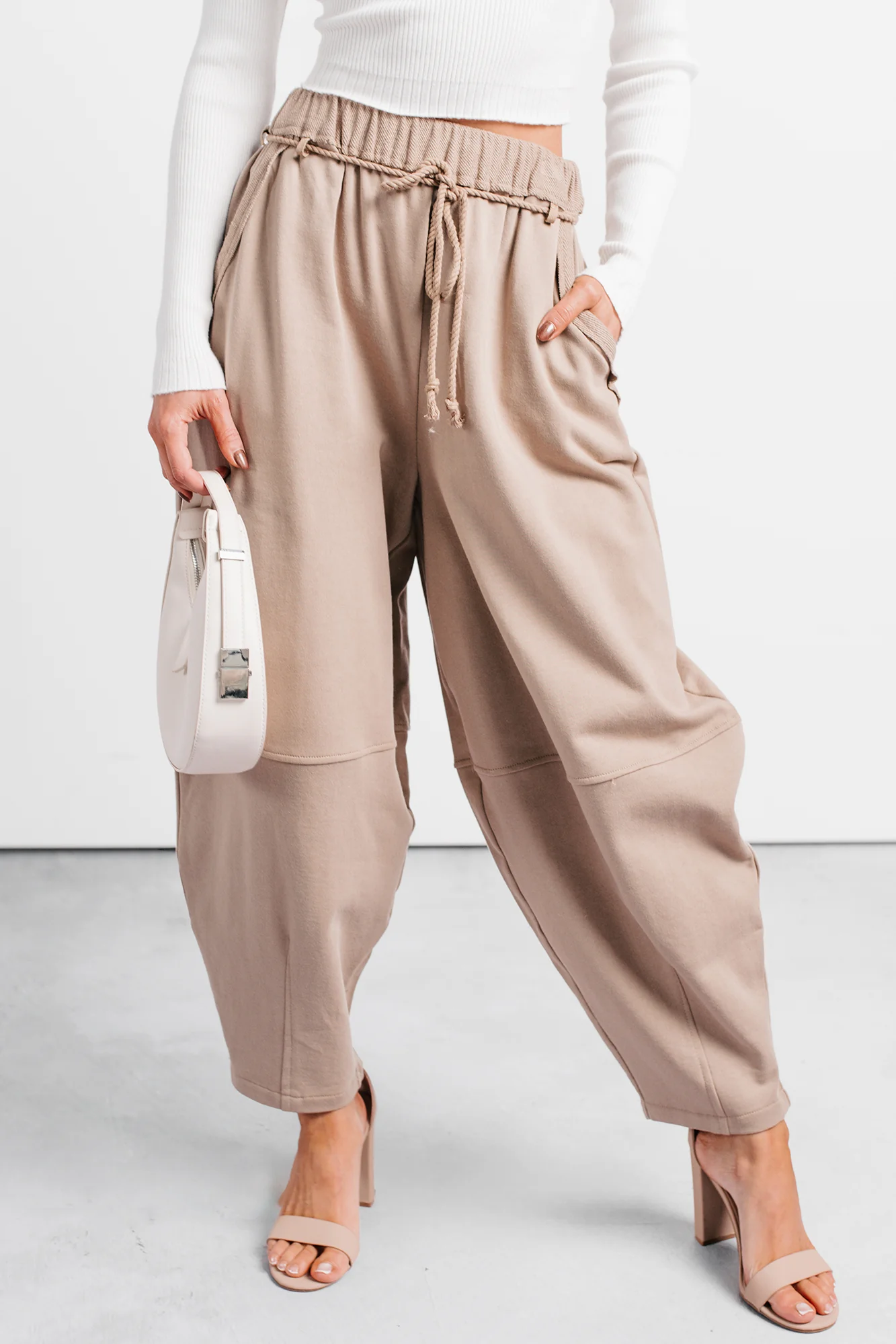 Wandering Home Braided Tie Barrel Sweatpants (Taupe) - Image 2