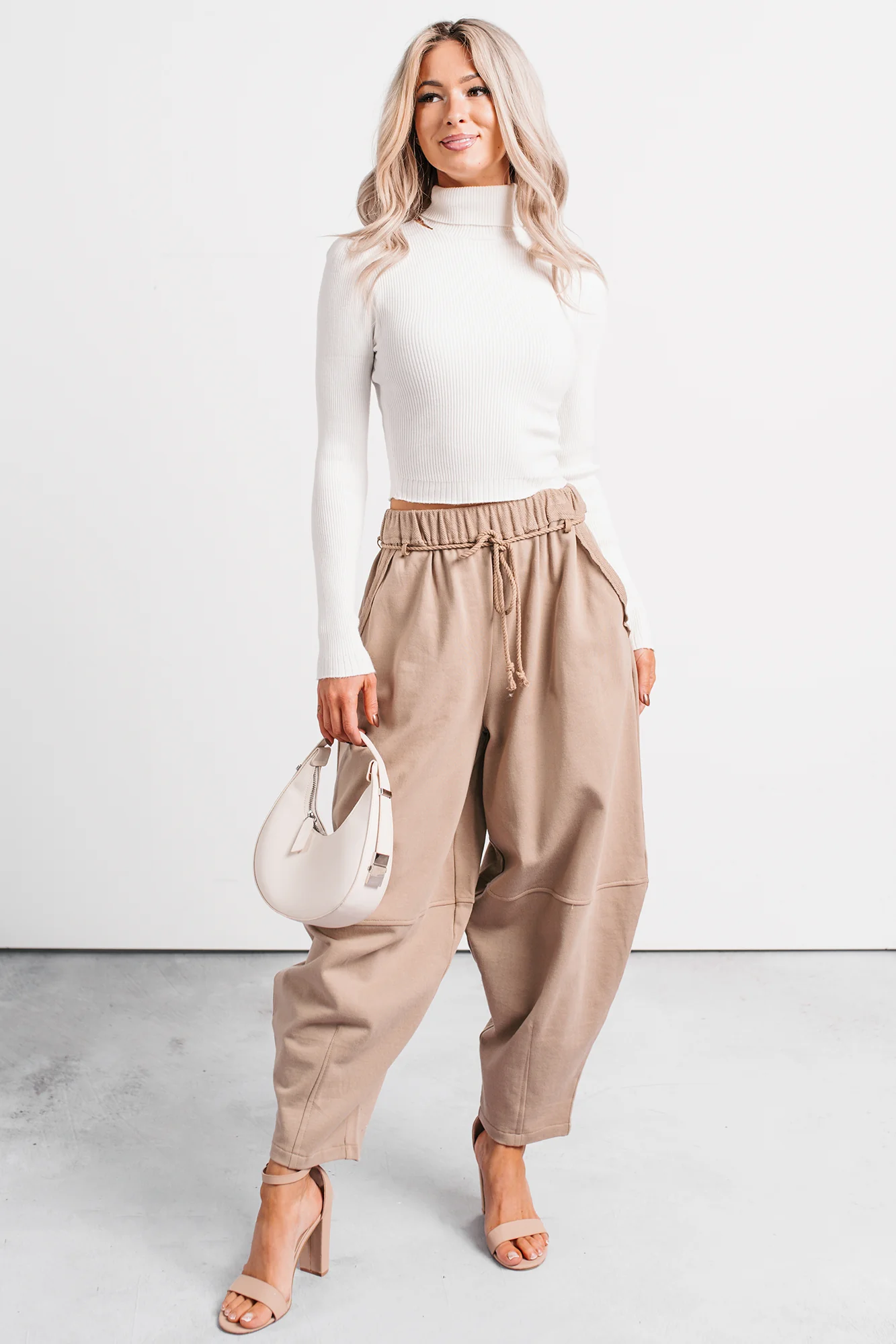 Wandering Home Braided Tie Barrel Sweatpants (Taupe) - Image 6