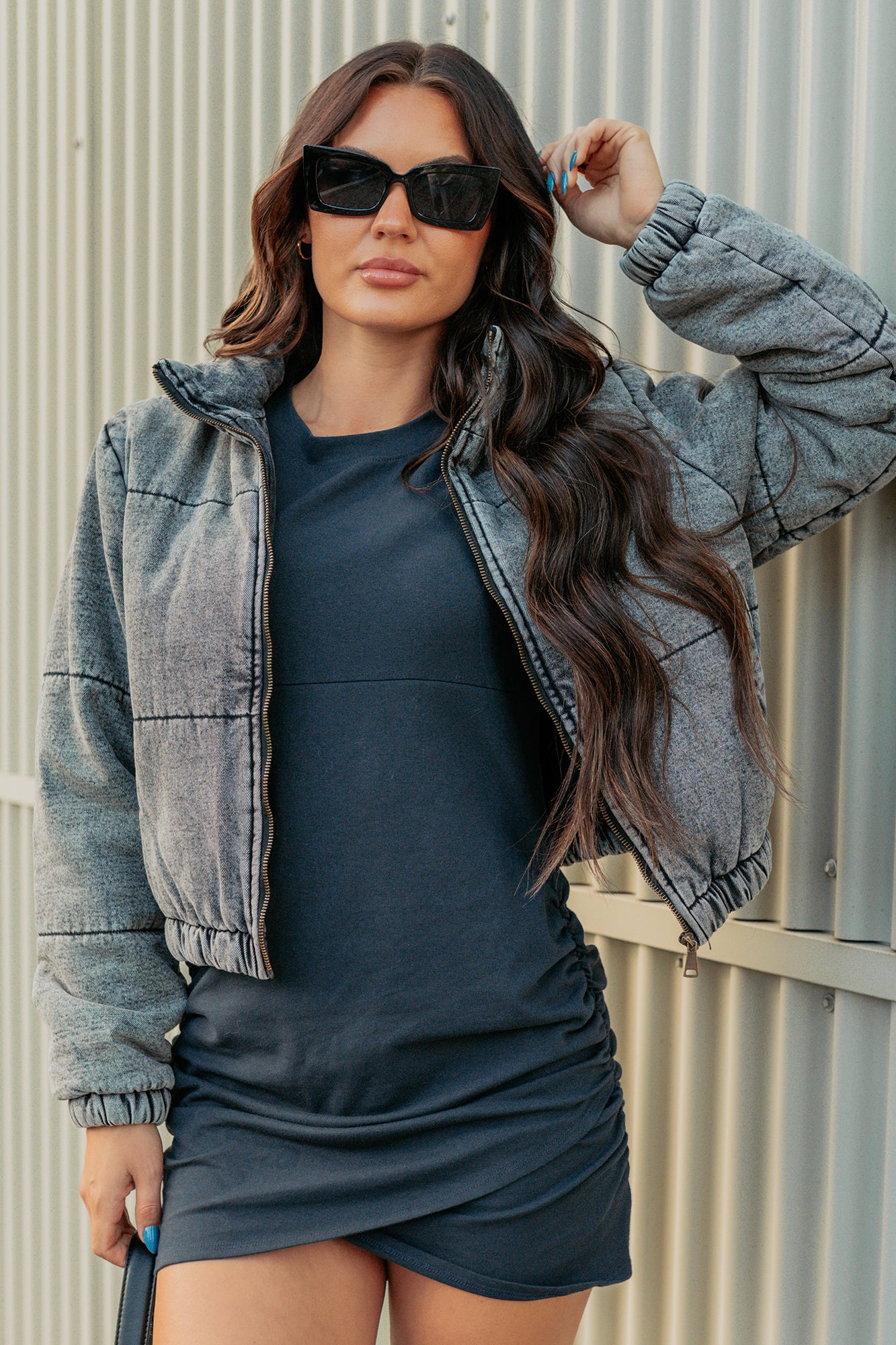 Warm Refuge Denim Cropped Puffer Jacket (Black) - Image 3
