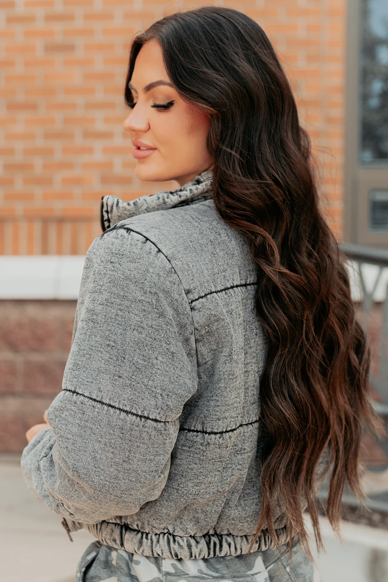 Warm Refuge Denim Cropped Puffer Jacket (Black) - Image 5