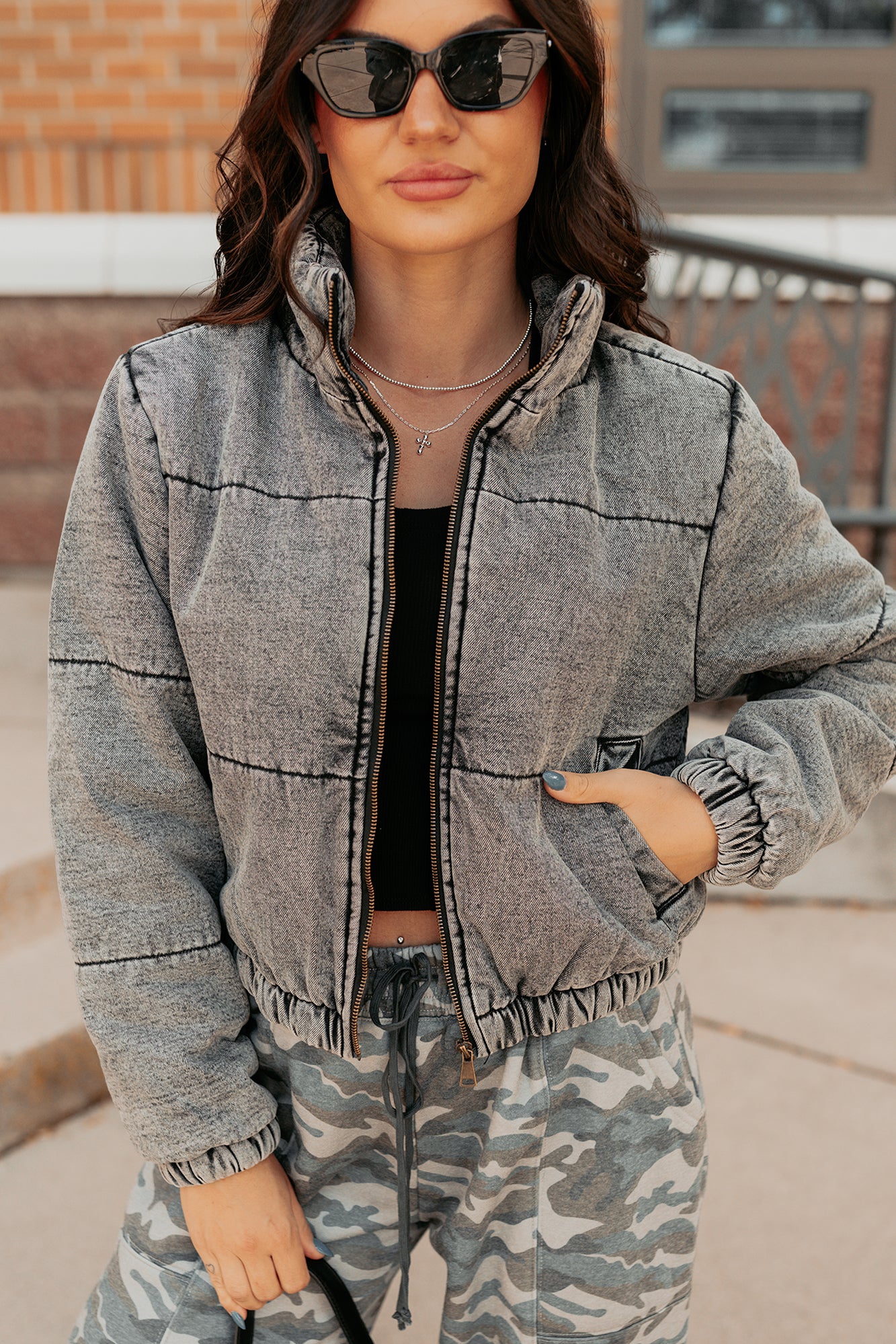 Warm Refuge Denim Cropped Puffer Jacket (Black) - Image 8