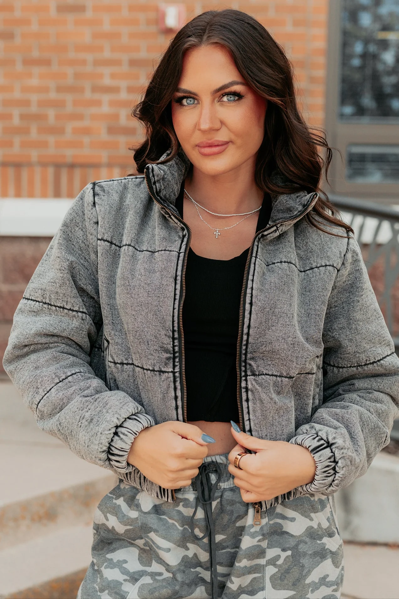 Warm Refuge Denim Cropped Puffer Jacket (Black) - Image 9