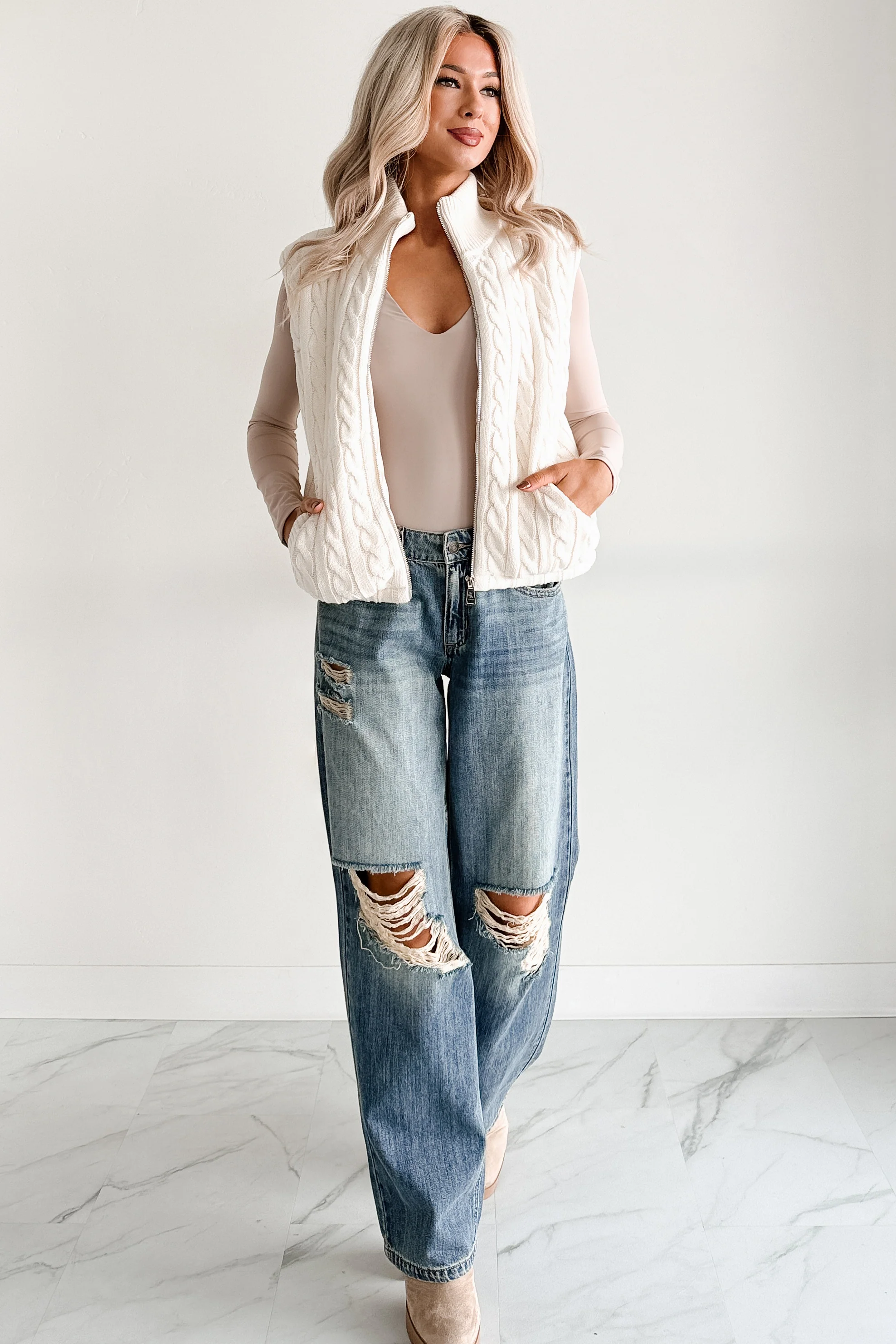 Warm Welcome Cable Knit Puffer Vest (Ivory) - Image 2