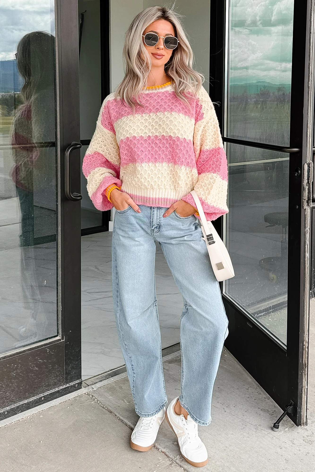 Warm Whispers Striped Crochet Knit POL Sweater (Pink) - Image 2