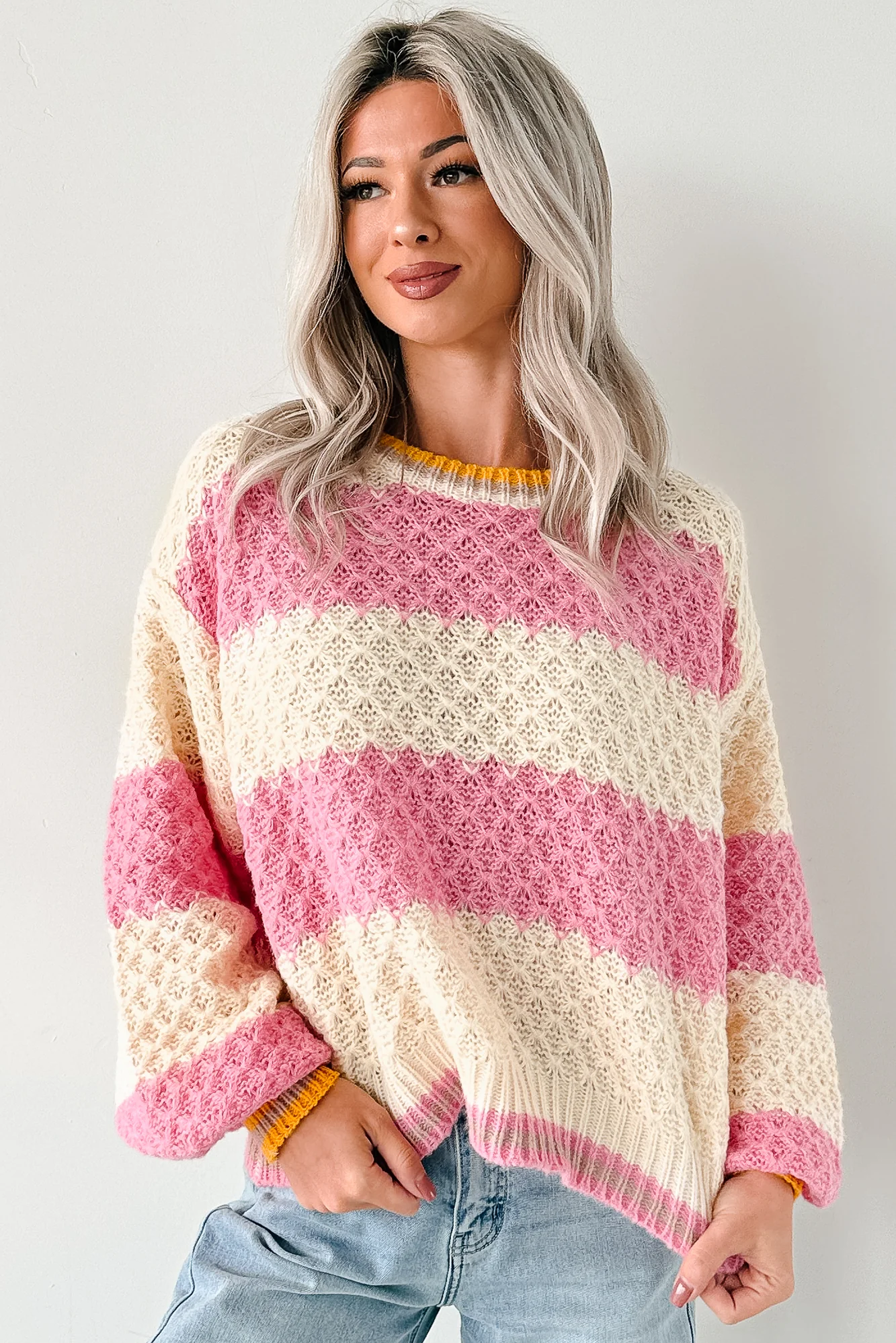 Warm Whispers Striped Crochet Knit POL Sweater (Pink) - Image 3