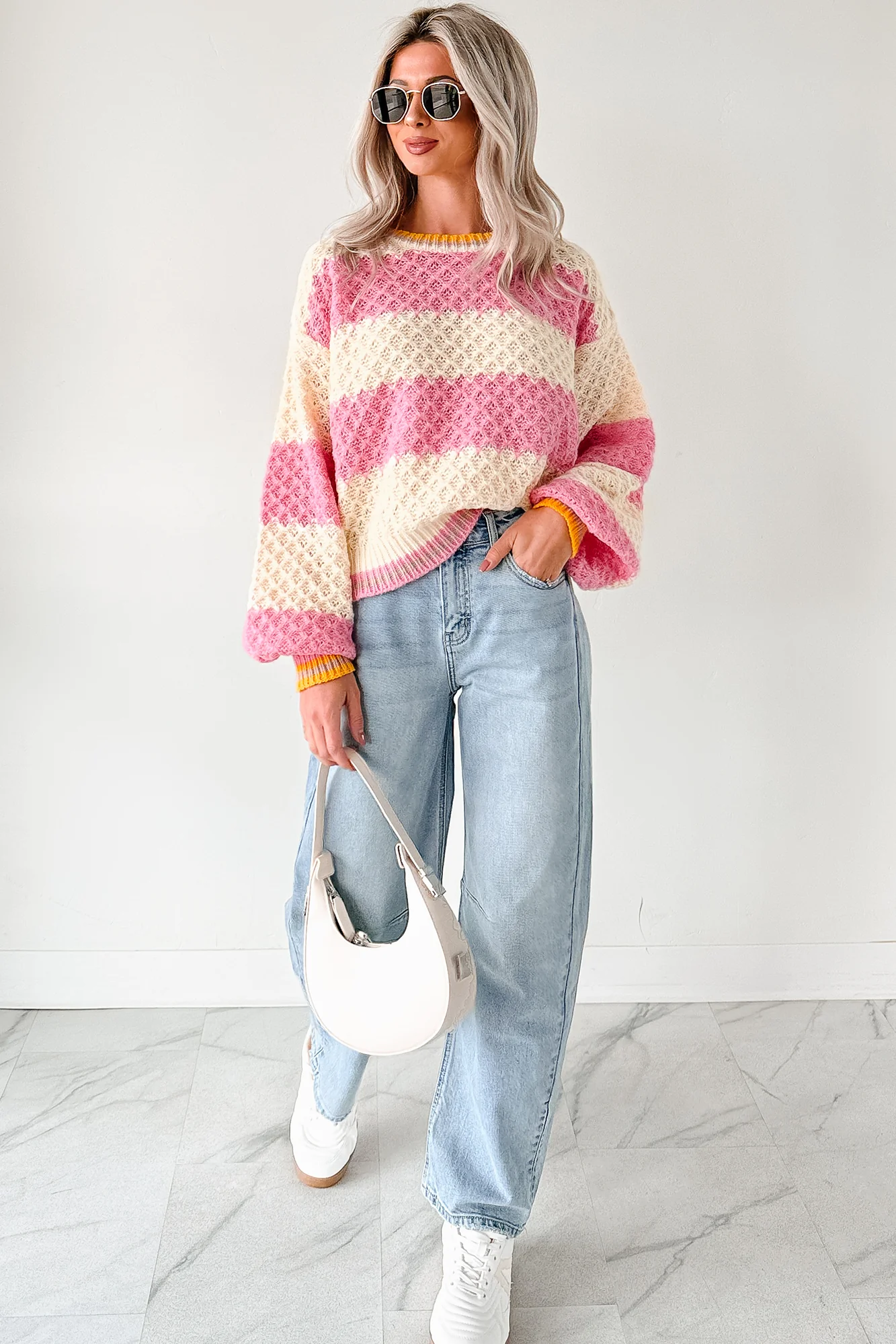 Warm Whispers Striped Crochet Knit POL Sweater (Pink) - Image 4