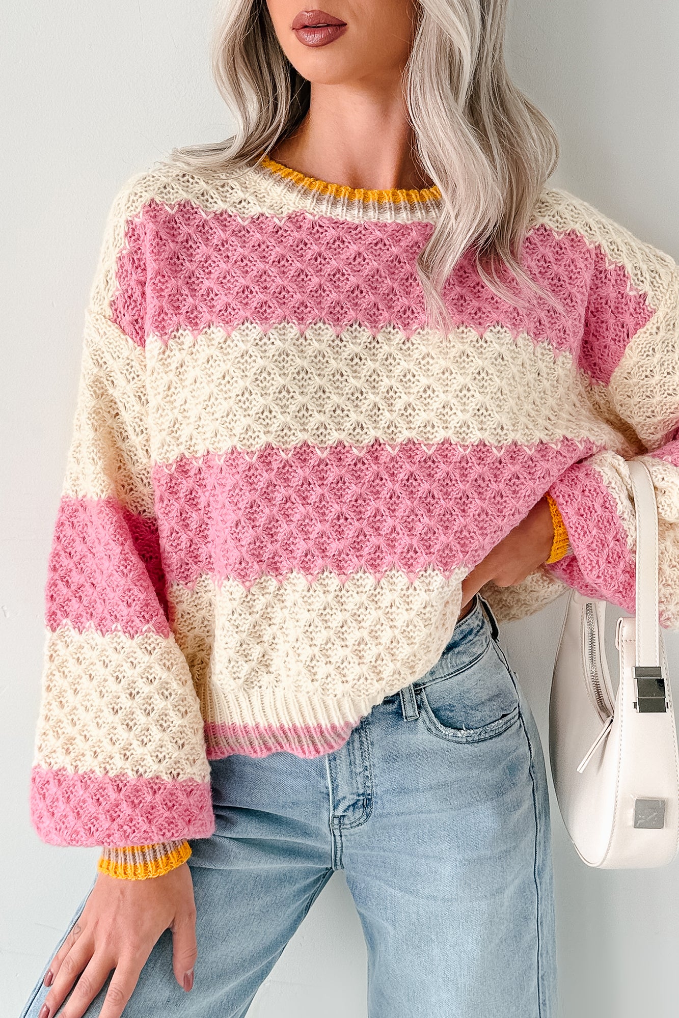 Warm Whispers Striped Crochet Knit POL Sweater (Pink) - Image 5