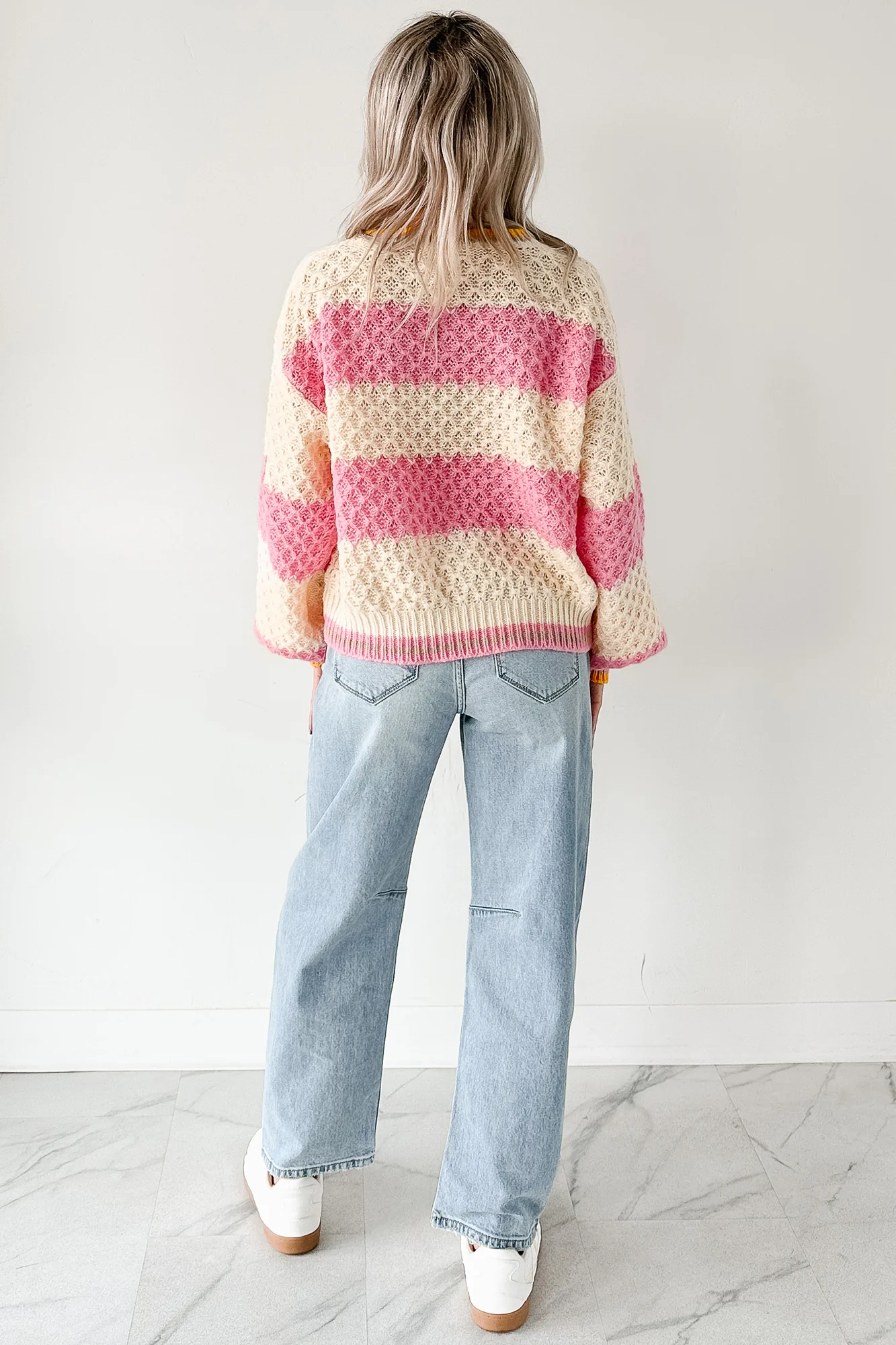 Warm Whispers Striped Crochet Knit POL Sweater (Pink) - Image 6