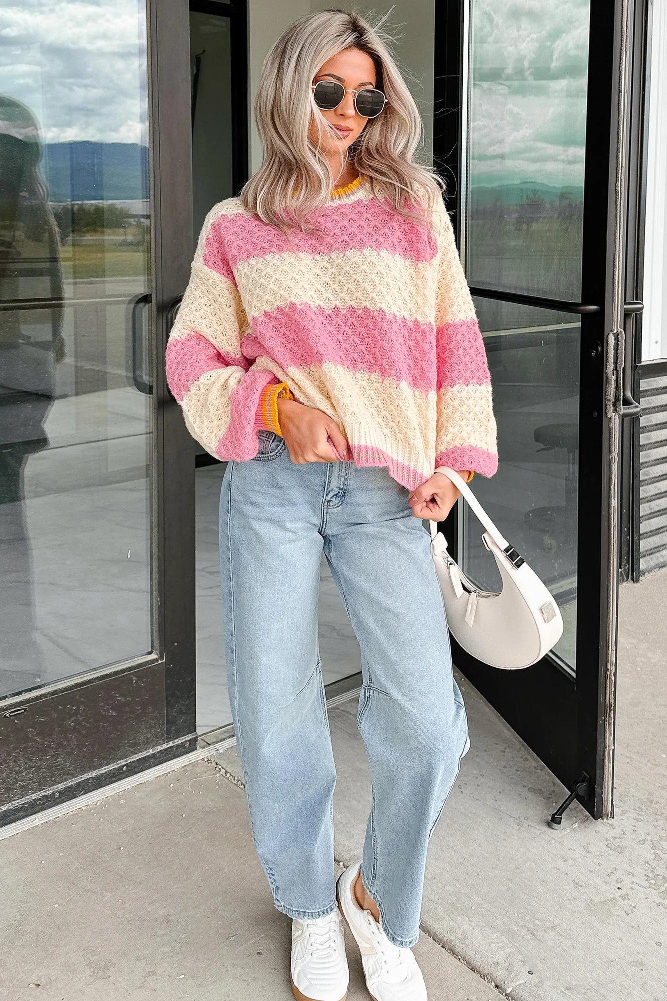 Warm Whispers Striped Crochet Knit POL Sweater (Pink) - Image 7