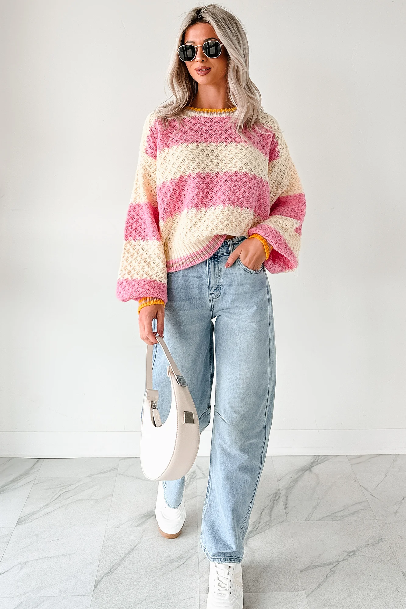 Warm Whispers Striped Crochet Knit POL Sweater (Pink) - Image 8