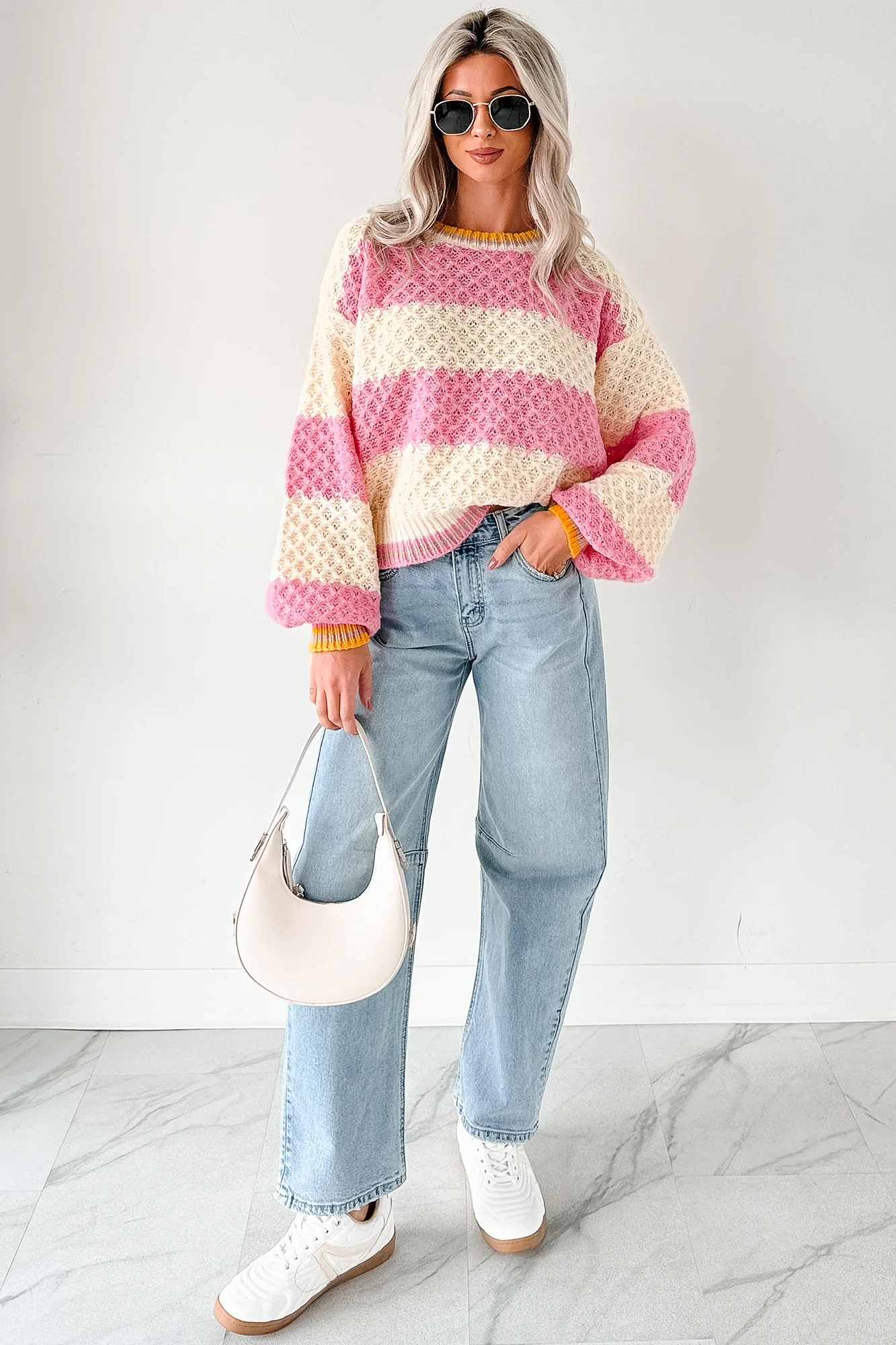 Warm Whispers Striped Crochet Knit POL Sweater (Pink) - Image 9