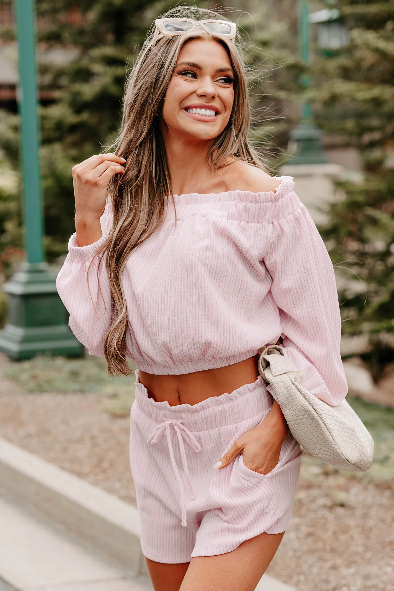 Warm Wishes Striped Off The Shoulder Shorts Set (Pink/White) - Image 5