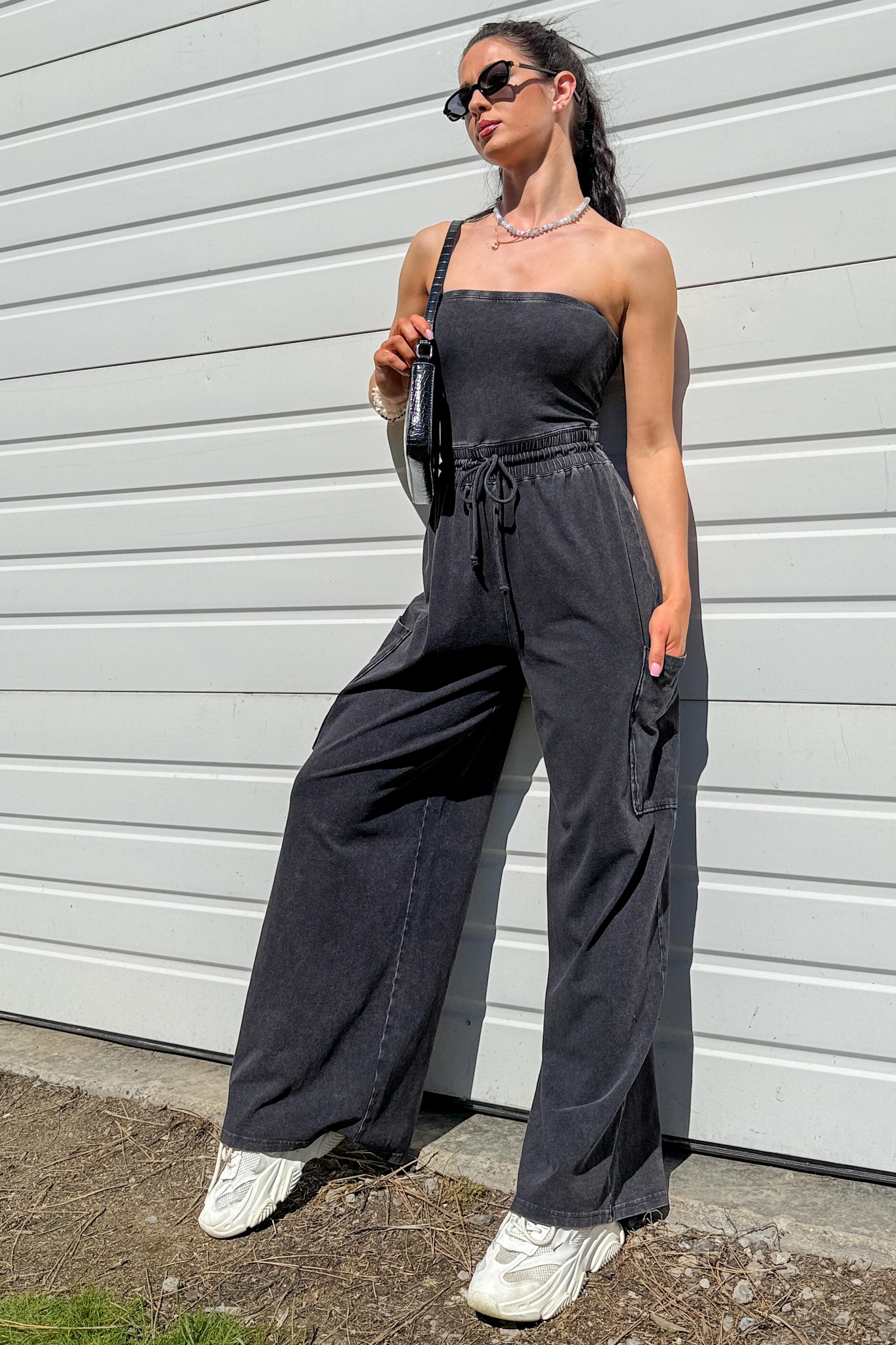 Weekend Uniform Strapless Mineral Wash Jumpsuit (Black) - Image 2