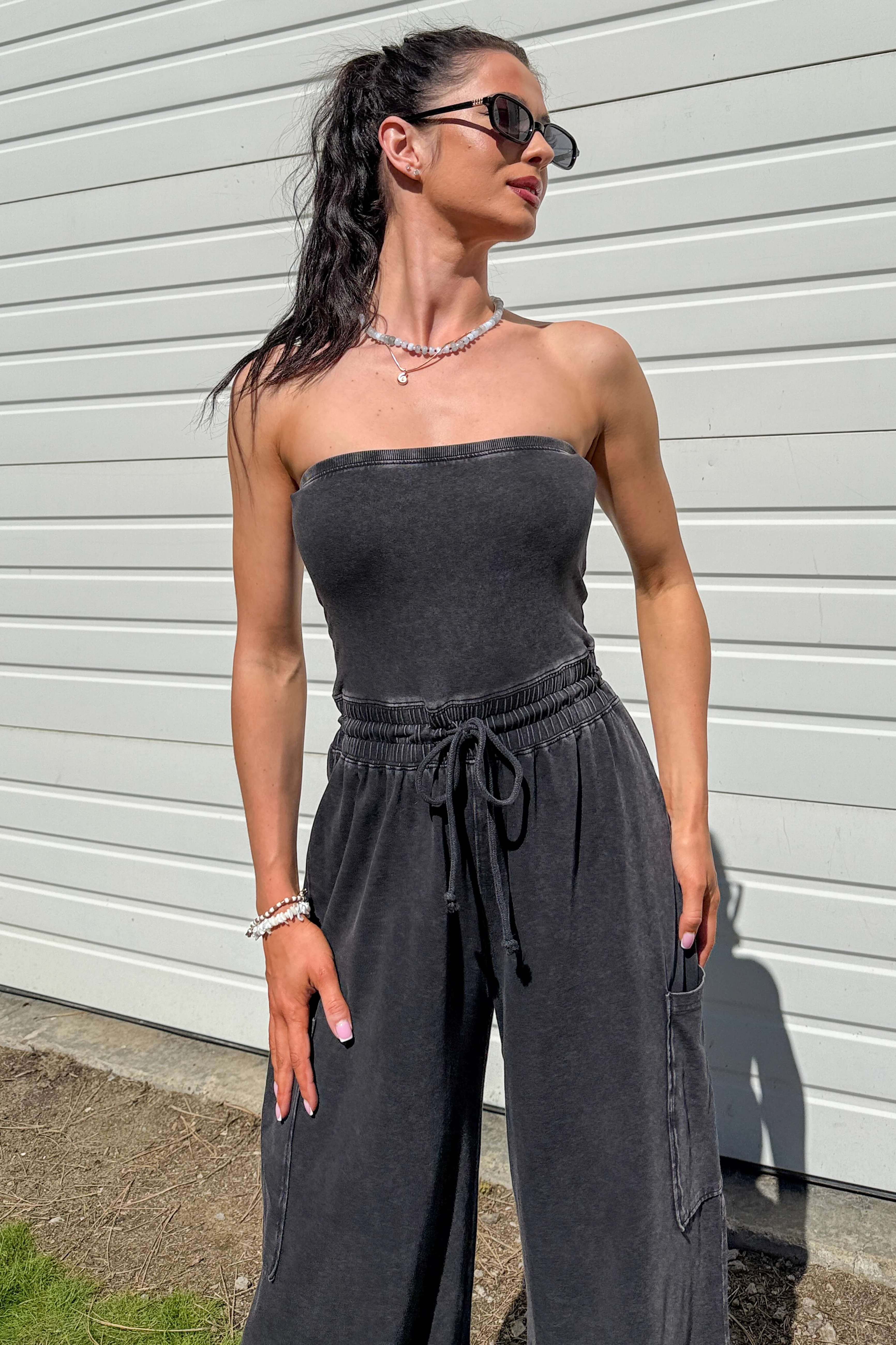Weekend Uniform Strapless Mineral Wash Jumpsuit (Black) - Image 3