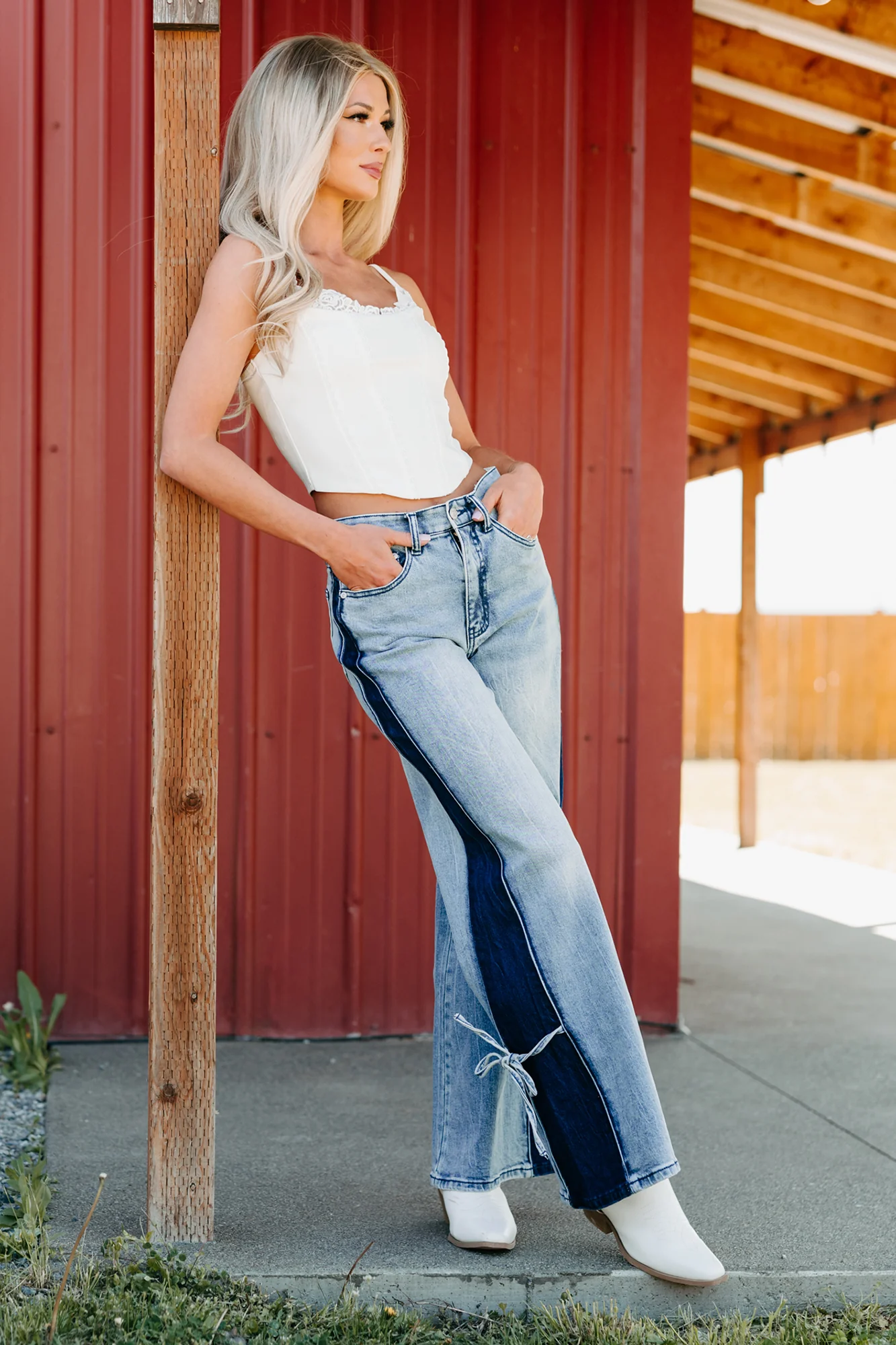 Wes Contrast Side Saige Denim Wide Leg Jeans (Medium Light) - Image 3