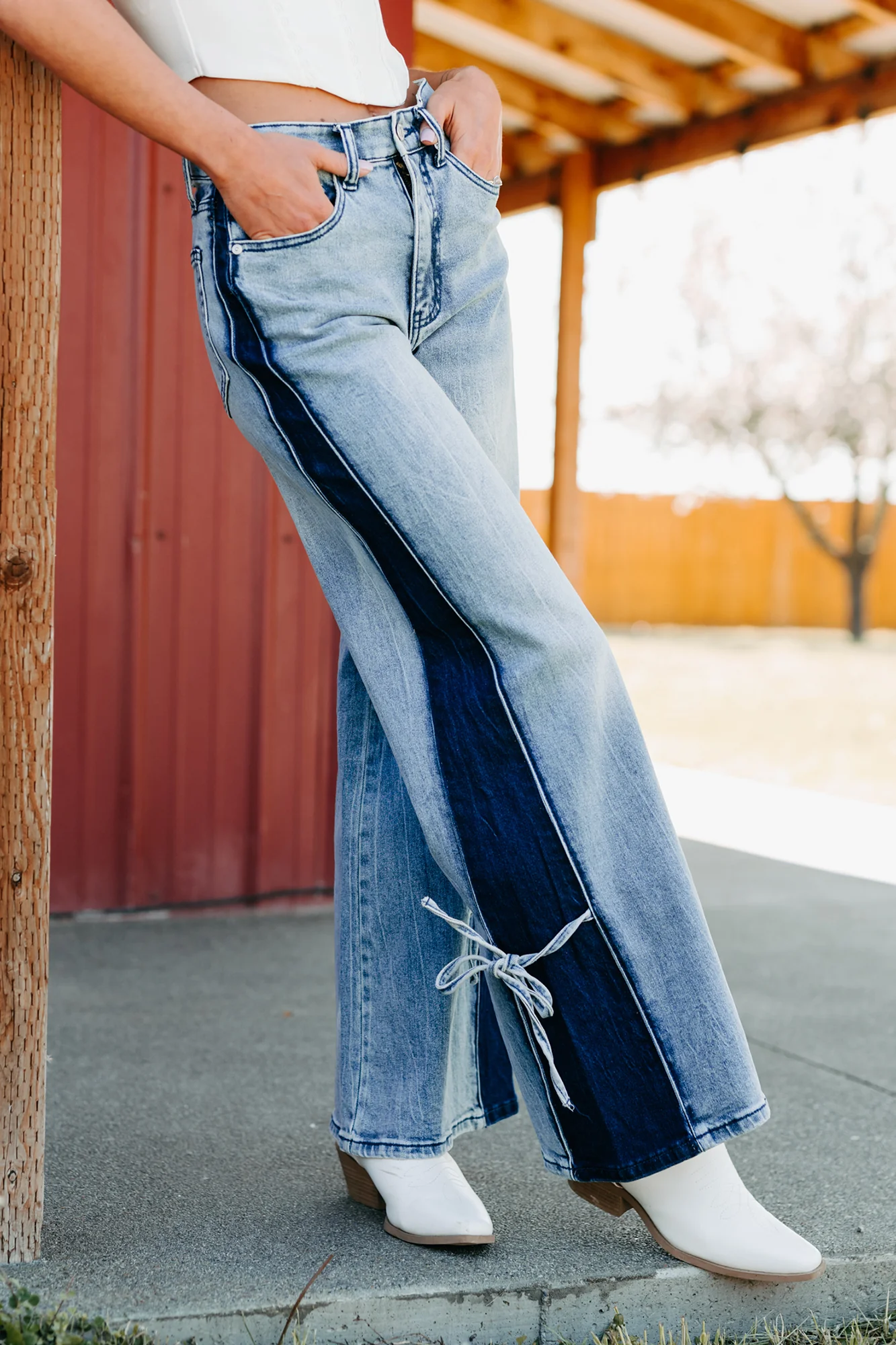 Wes Contrast Side Saige Denim Wide Leg Jeans (Medium Light) - Image 9