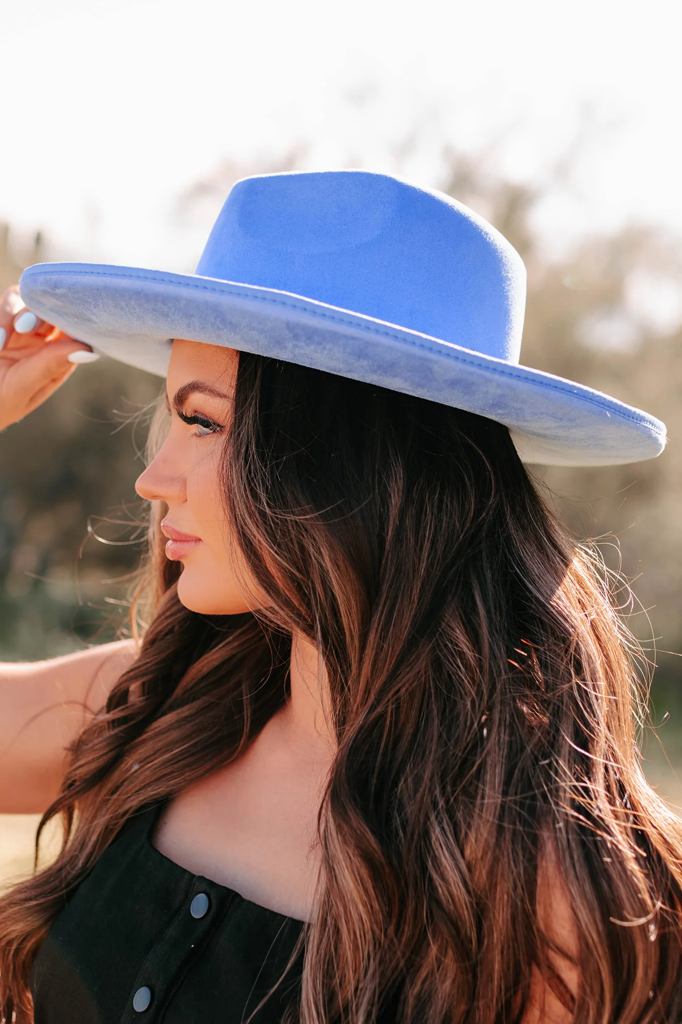 Where Beauty Reigns Rhinestone Butterfly Pencil Brim Hat (Blue) - Image 8