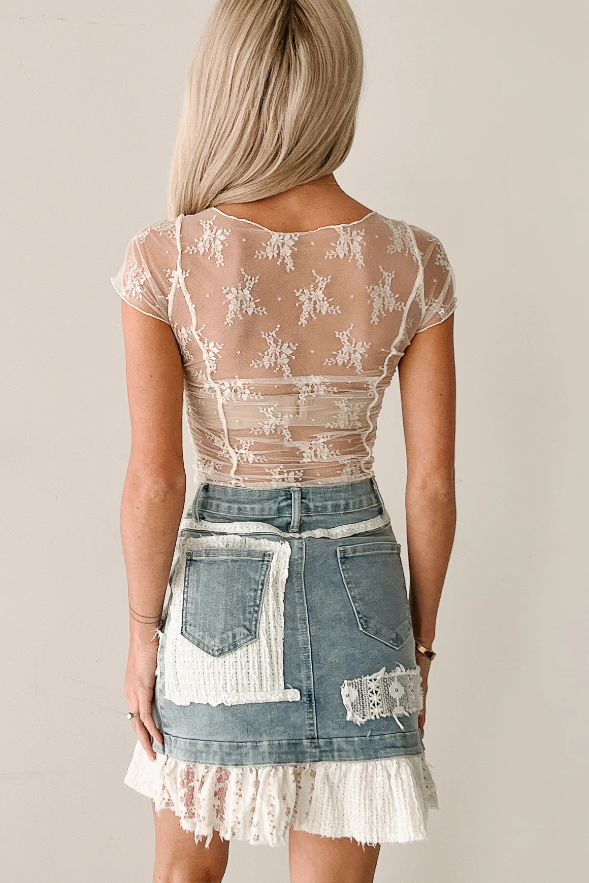 Whimsical Whisper Ruched Floral Mesh Top (Ecru) - Image 8